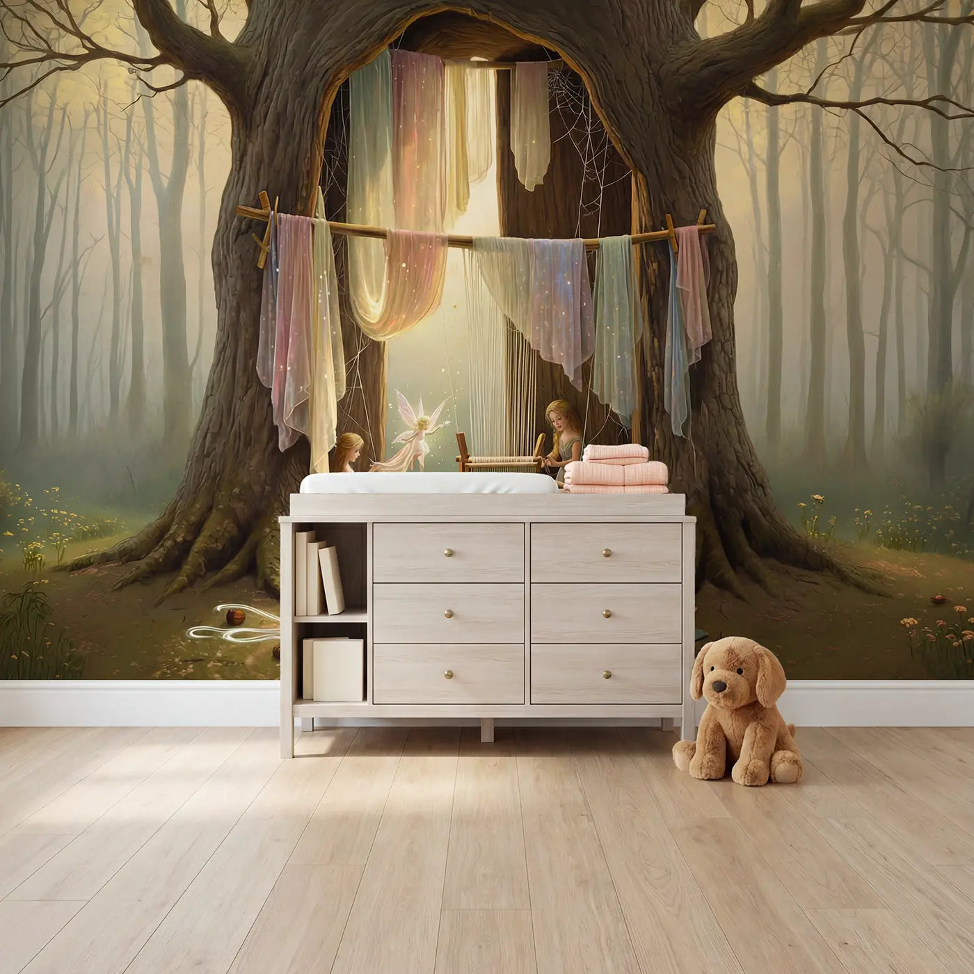 Painted landscape fairy weavers treehouse workshop wallpaper mural for nursery by Whimsy Tots