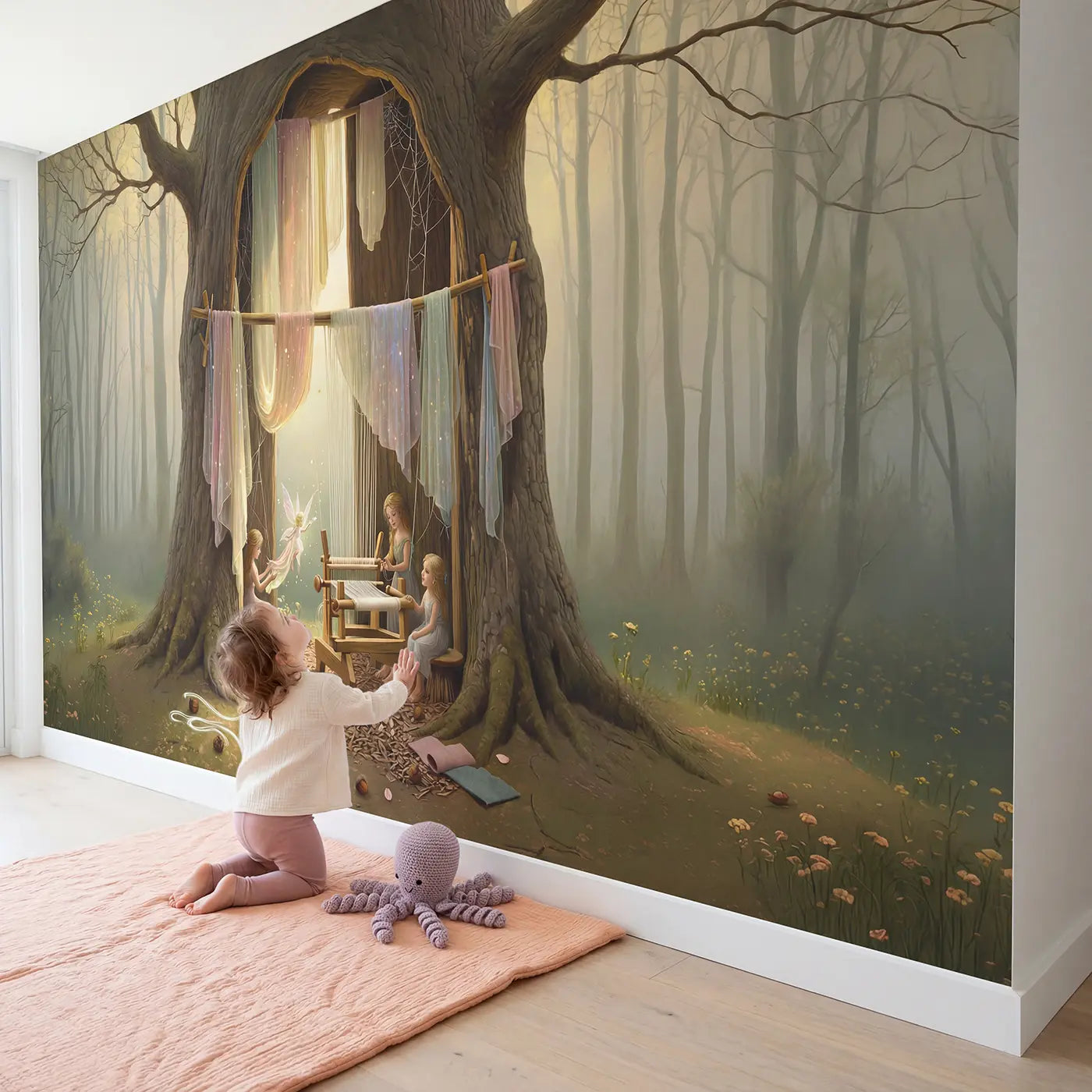 Child in nursery with Fairy Weavers Gossamer Workshop Wallpaper Mural by Whimsy Tots