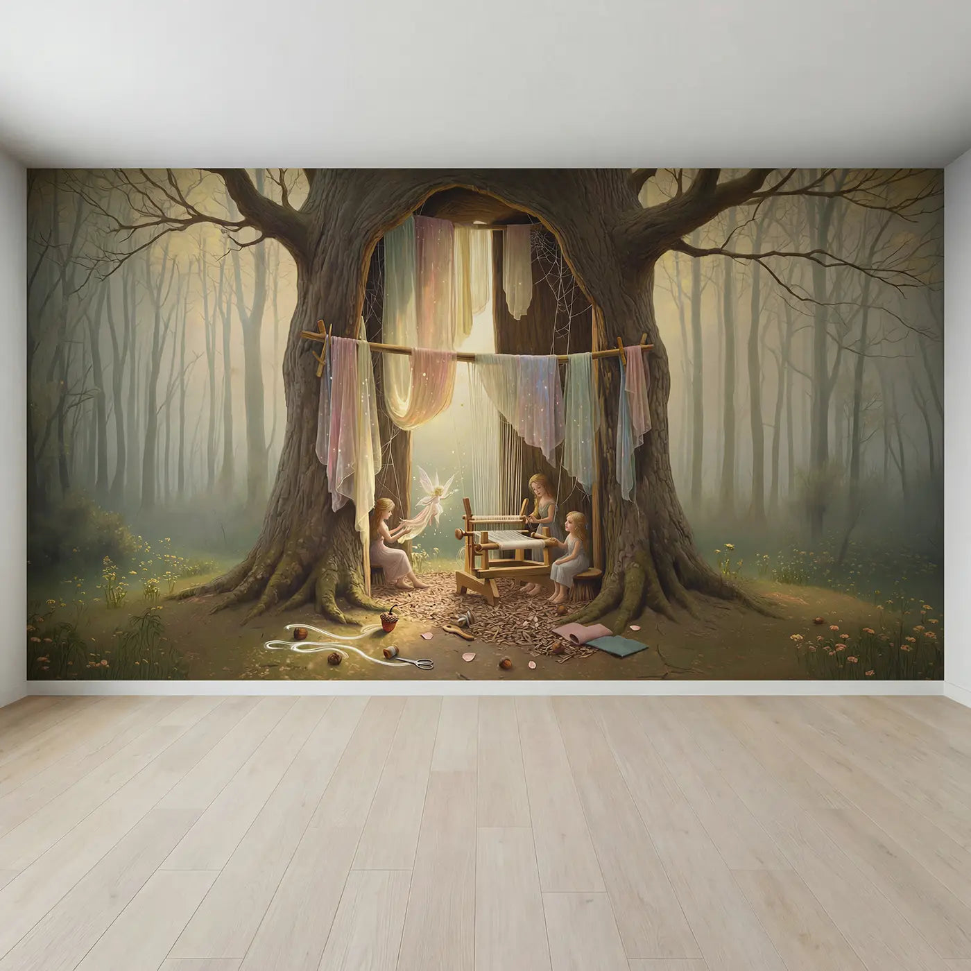 Full view of Fairy Weavers Gossamer Workshop Wallpaper Mural by Whimsy Tots