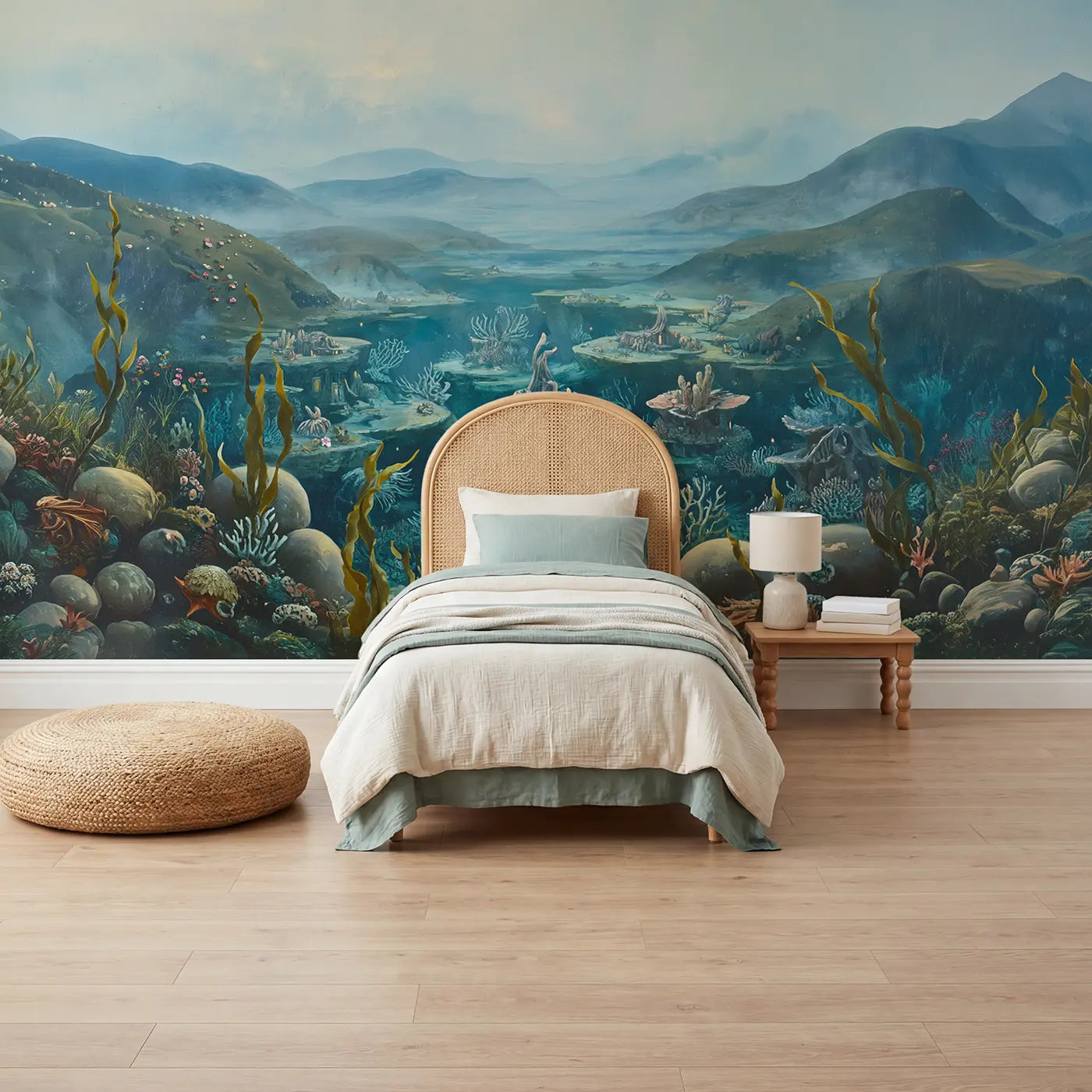 Painted landscape mermaid city coral reef wallpaper mural for kids room by Whimsy Tots