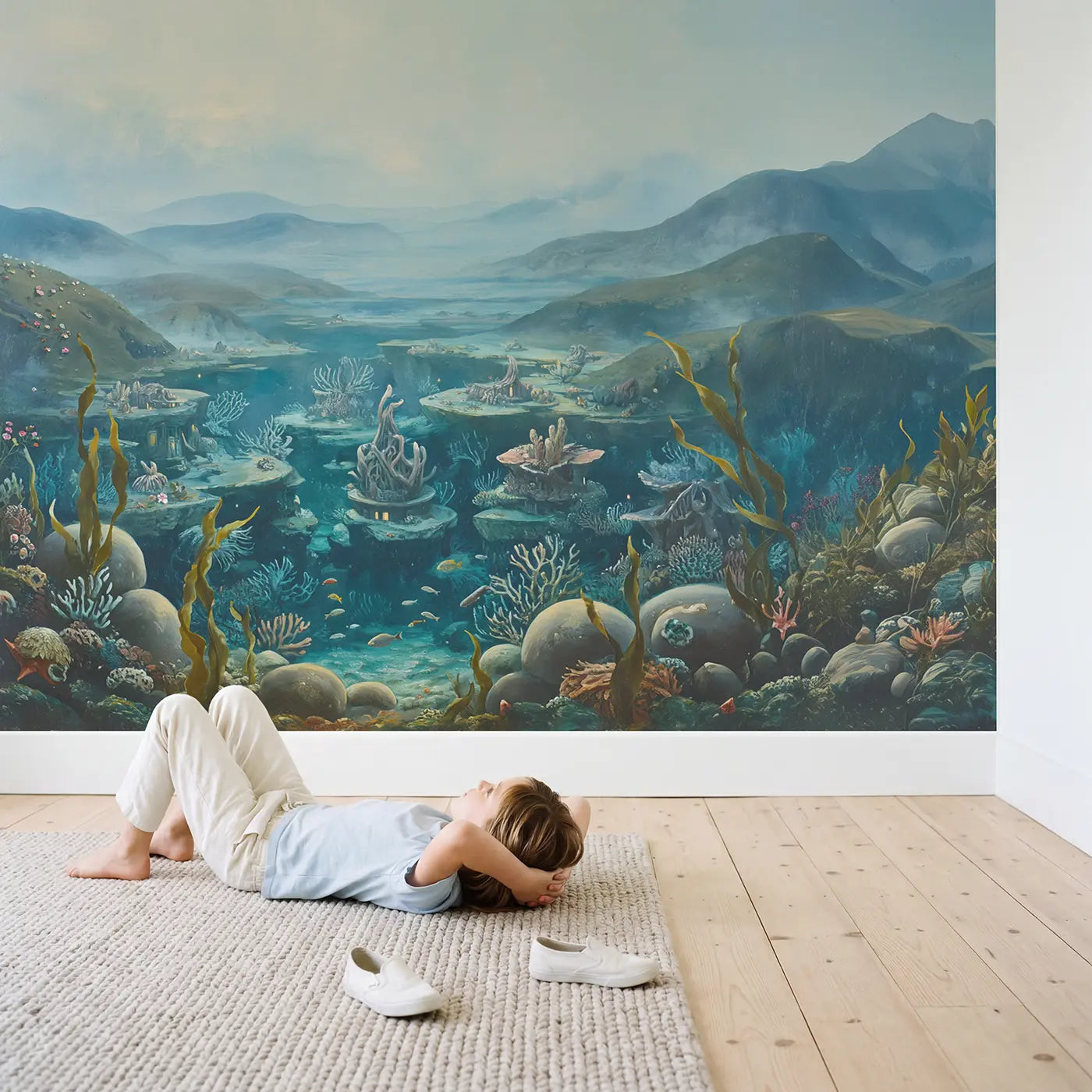 Child in nursery with Underwater Mermaid City Coral Wallpaper Mural by Whimsy Tots