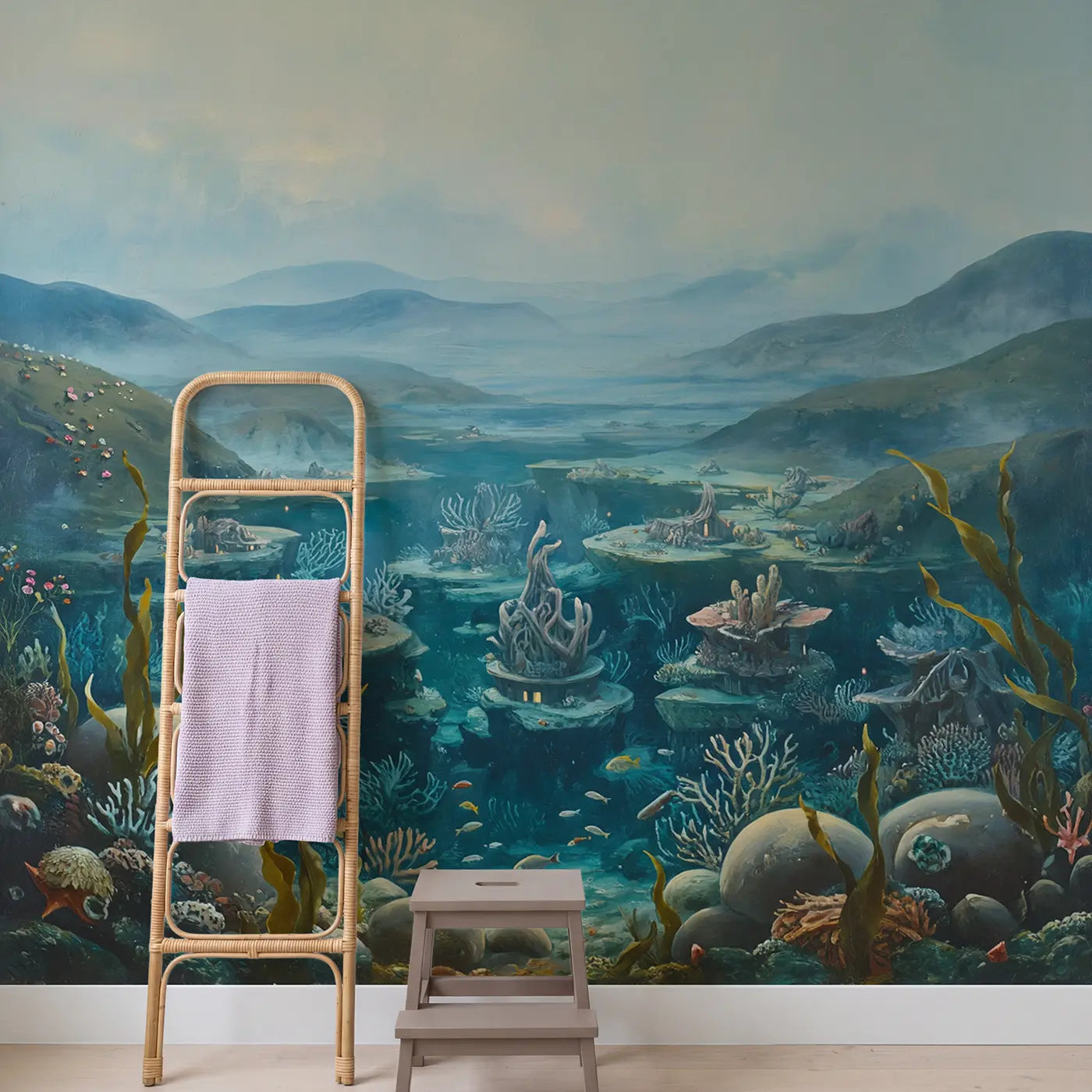 Underwater Mermaid City Coral Wallpaper Mural in playroom setting by Whimsy Tots