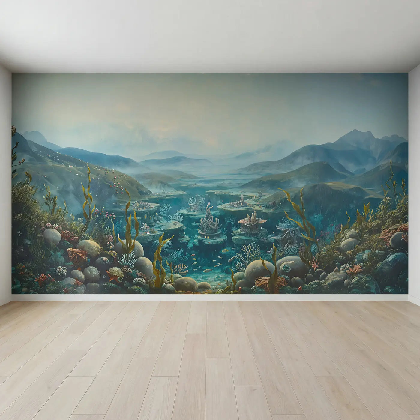Full view of Underwater Mermaid City Coral Wallpaper Mural by Whimsy Tots