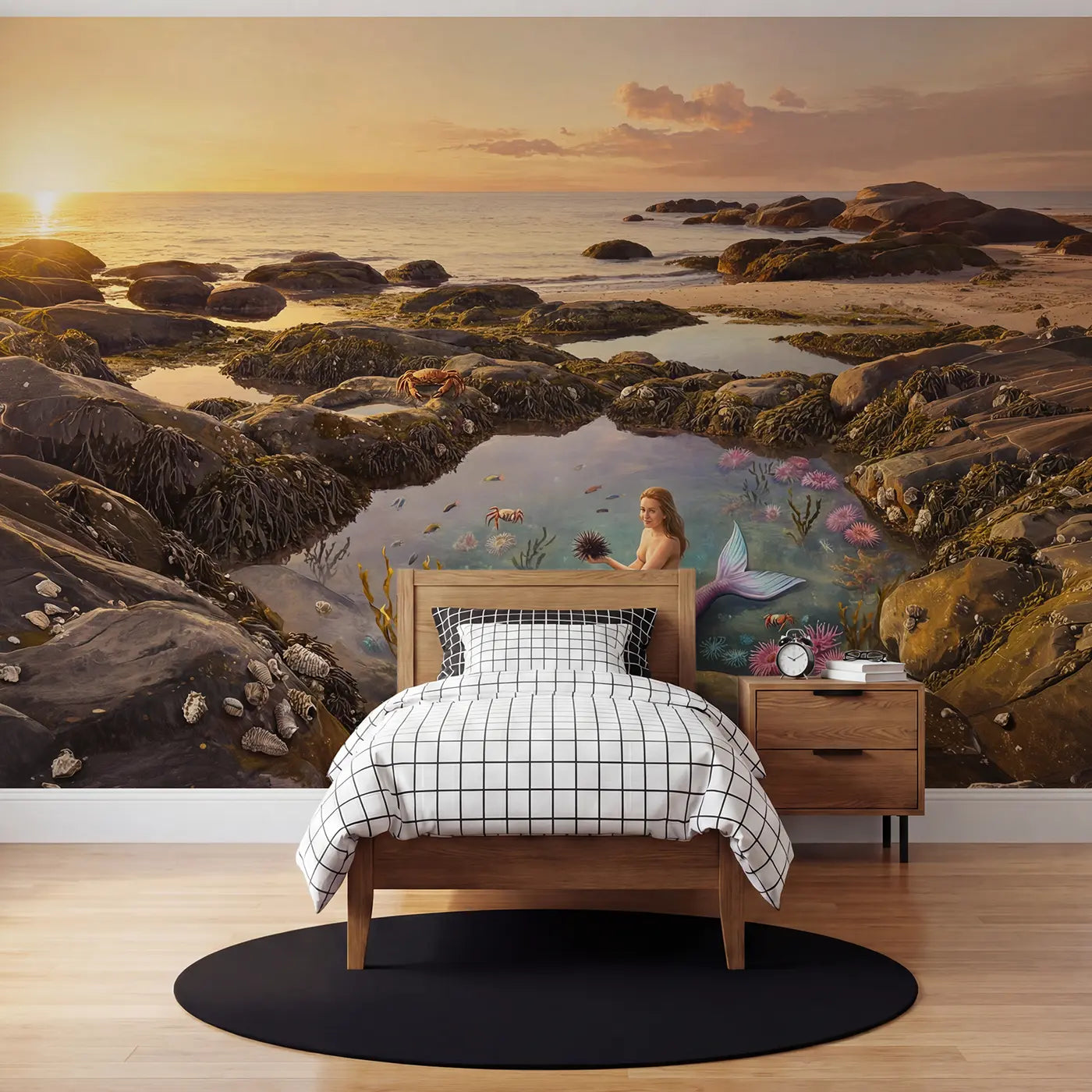 Soft pastel mermaid and shell wallpaper mural for kids room by Whimsy Tots