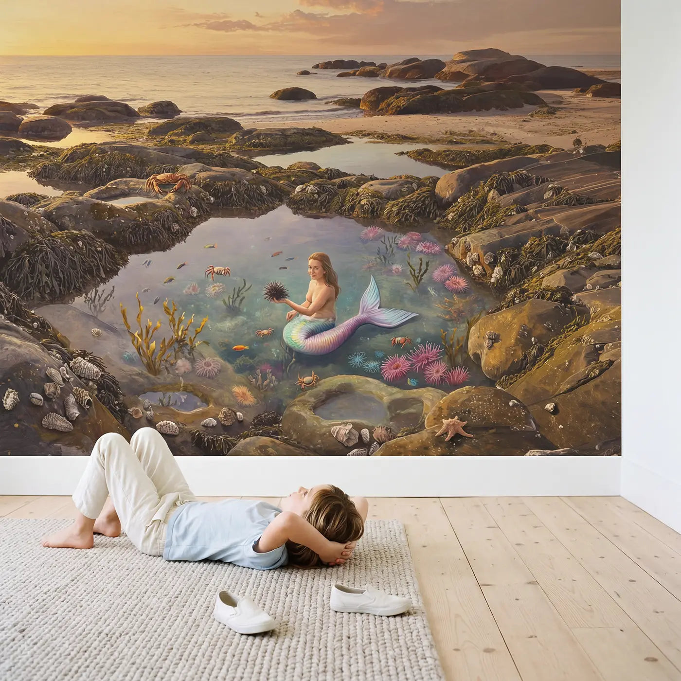 Child in nursery with Tide Pool Mermaid Cove Wallpaper Mural by Whimsy Tots