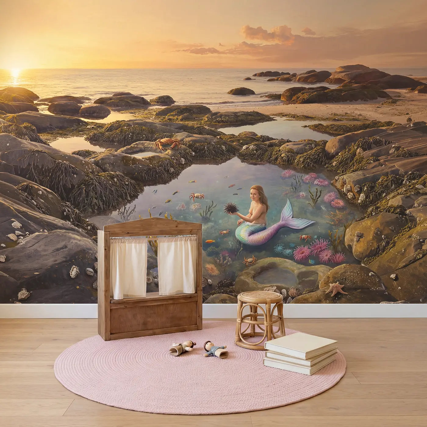 Tide Pool Mermaid Cove Wallpaper Mural in playroom setting by Whimsy Tots