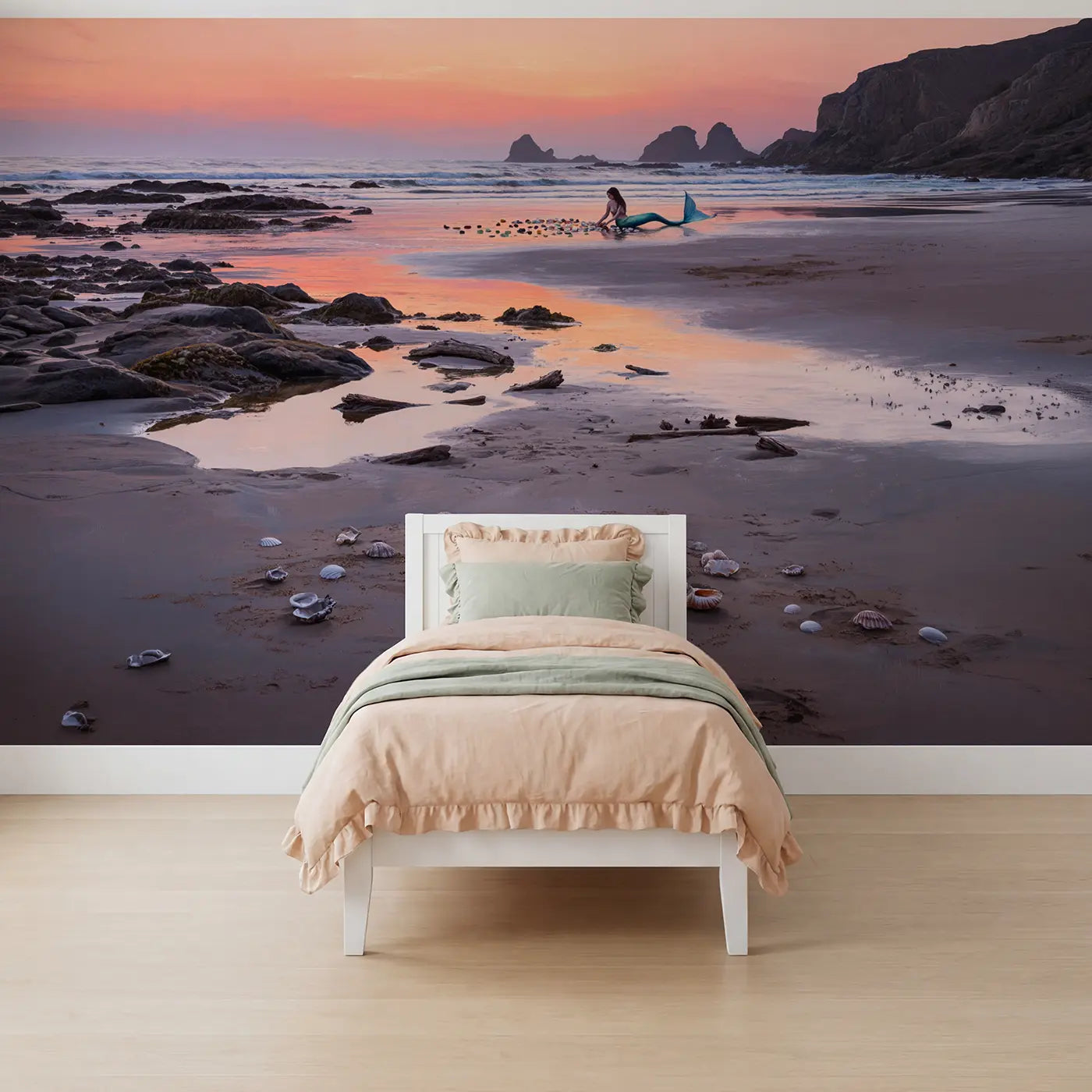 Soft pastel mermaid shell beach dusk wallpaper mural for girls room by Whimsy Tots