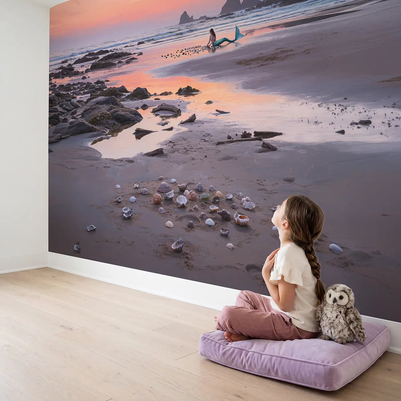 Child in nursery with Mermaid Shell Beach Dusk Wallpaper Mural by Whimsy Tots