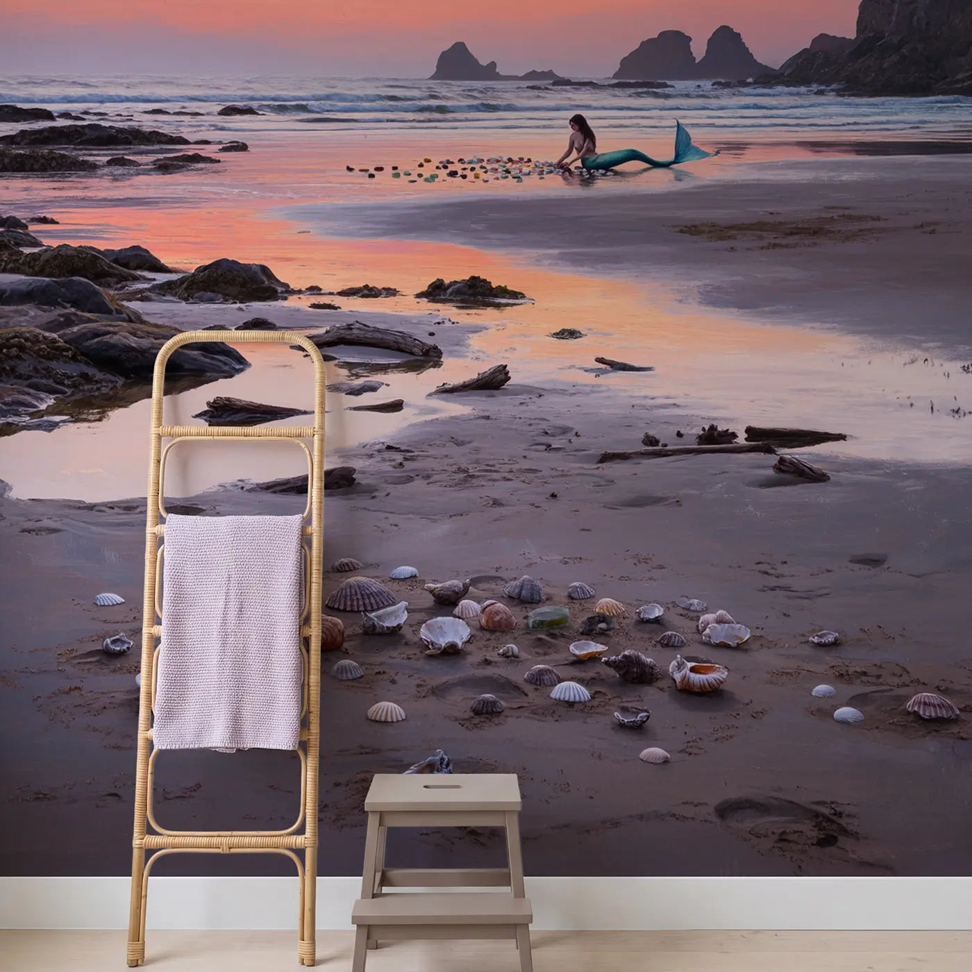 Mermaid Shell Beach Dusk Wallpaper Mural in playroom setting by Whimsy Tots
