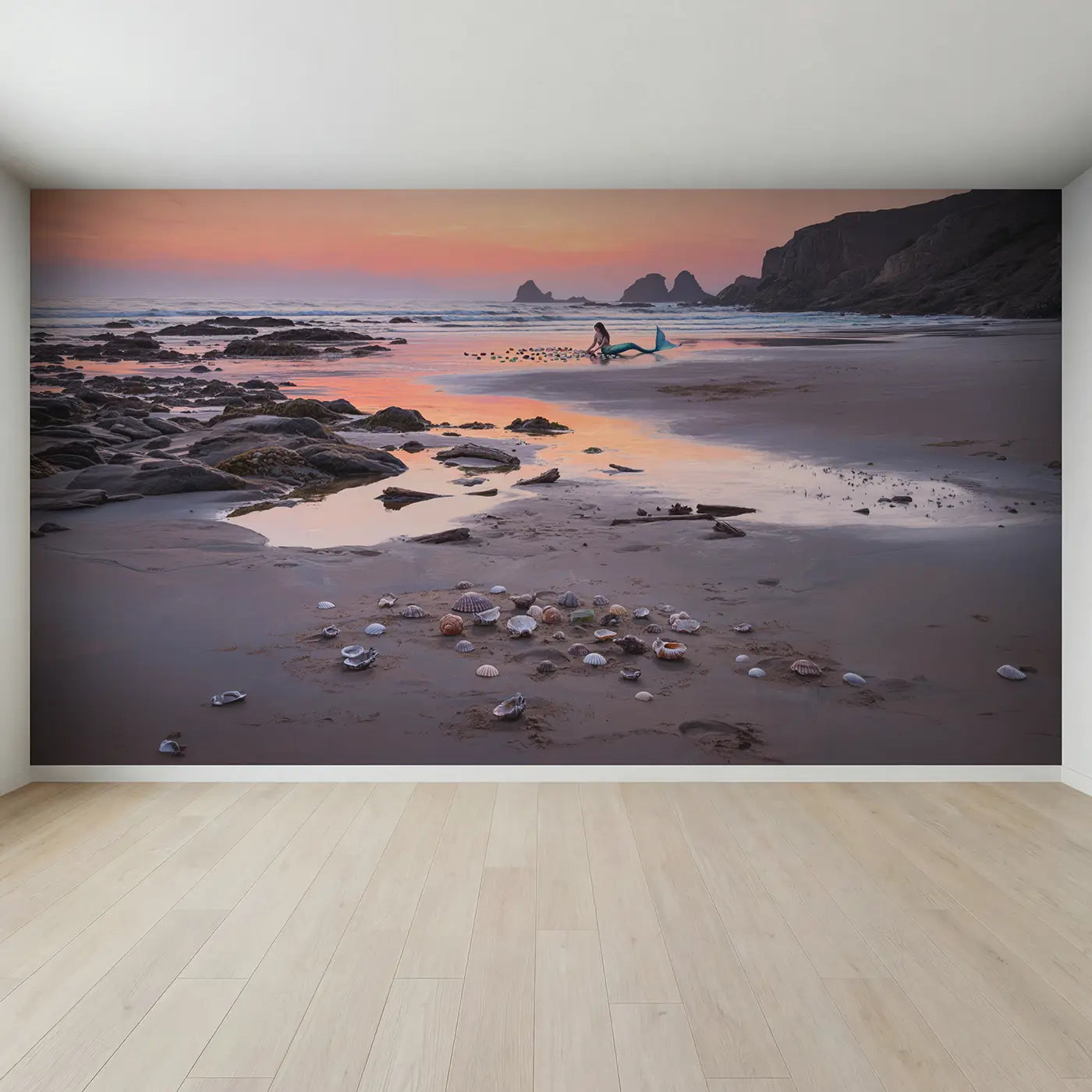 Full view of Mermaid Shell Beach Dusk Wallpaper Mural by Whimsy Tots