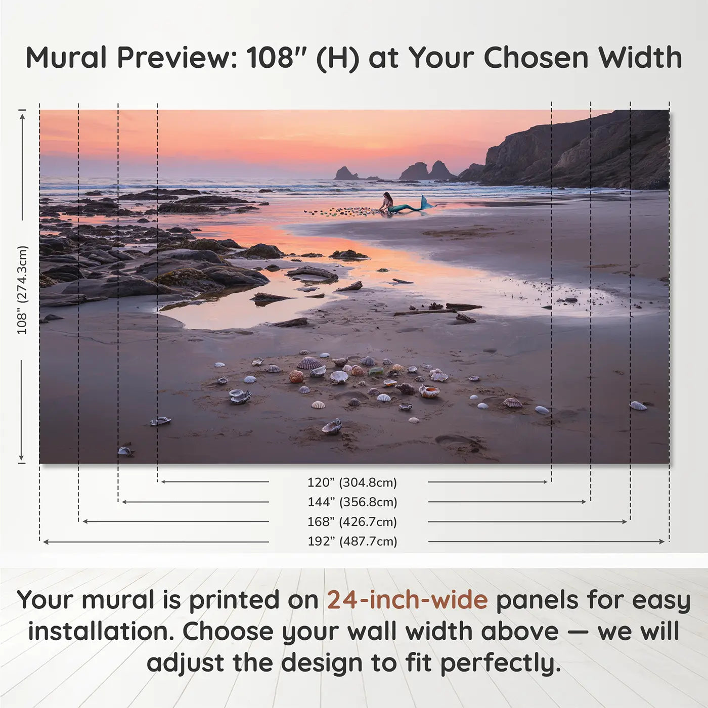 Panel layout and dimensions for Mermaid Shell Beach Dusk Wallpaper Mural by Whimsy Tots