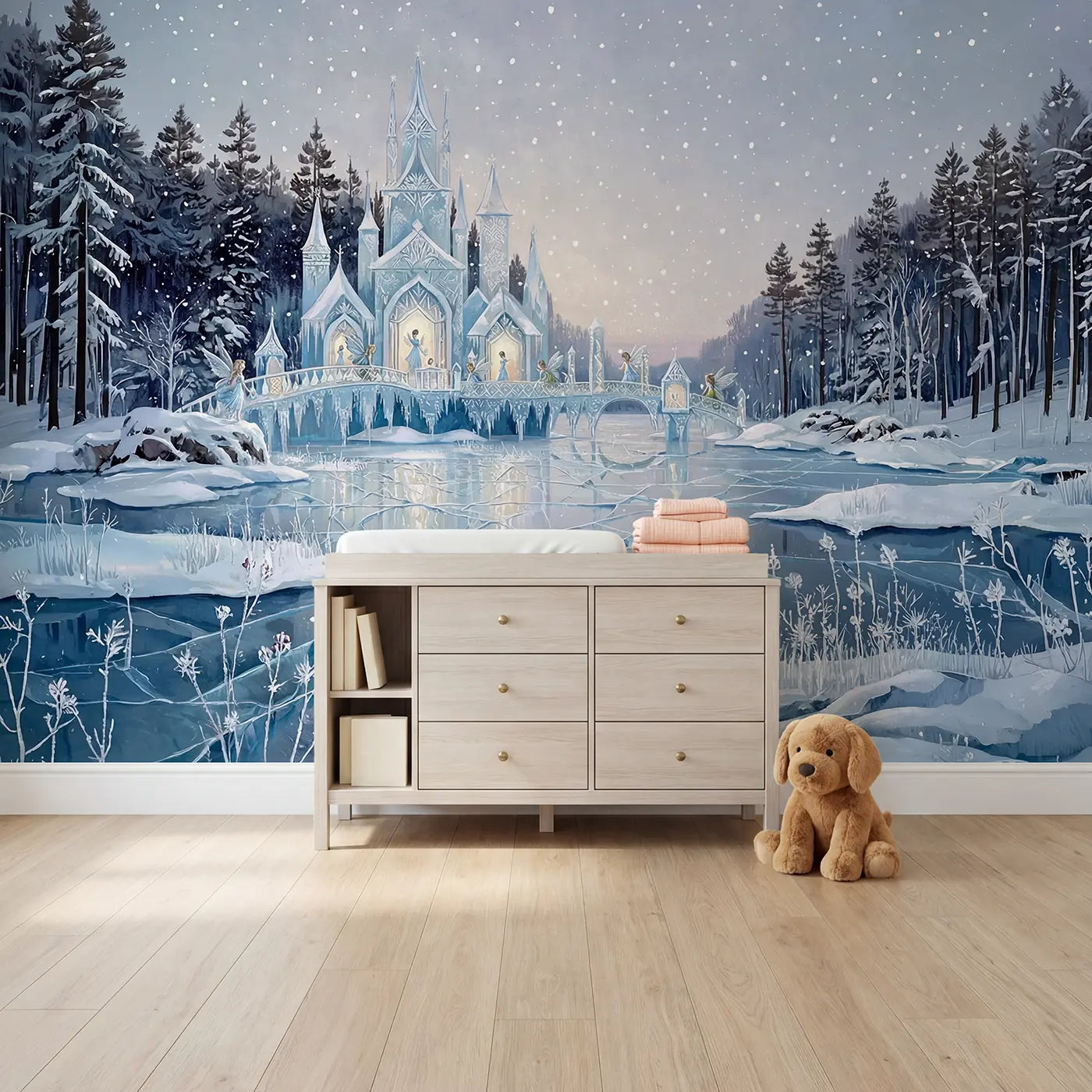 Modern illustration fairy ice palace winter forest wallpaper mural for nursery by Whimsy Tots
