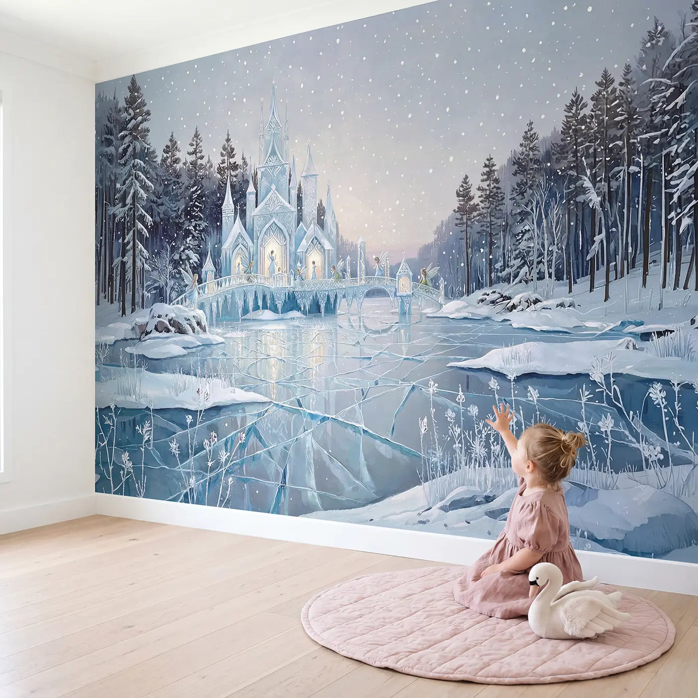 Child in nursery with Fairy Ice Palace Winter Wallpaper Mural by Whimsy Tots