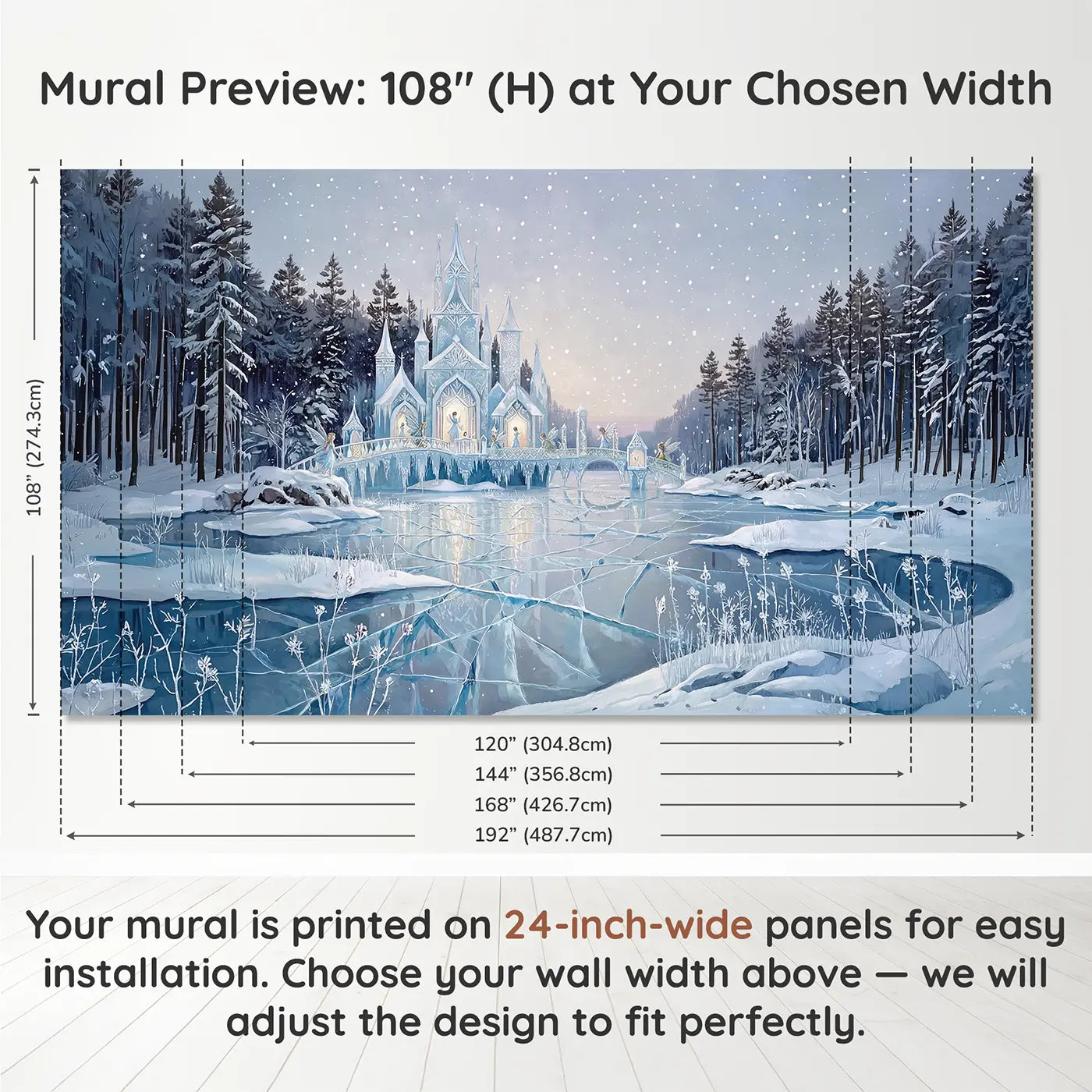 Panel layout and dimensions for Fairy Ice Palace Winter Wallpaper Mural by Whimsy Tots