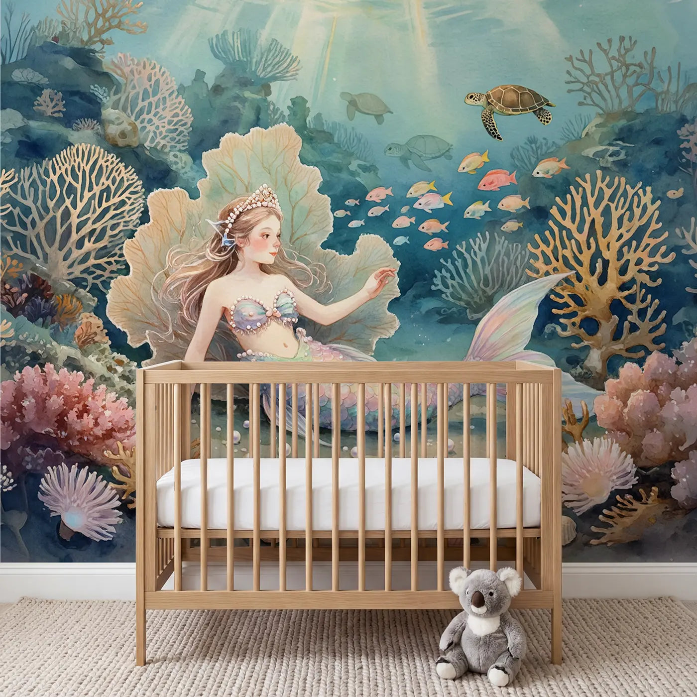 Watercolor pearl crown mermaid coral wallpaper mural for nursery by Whimsy Tots