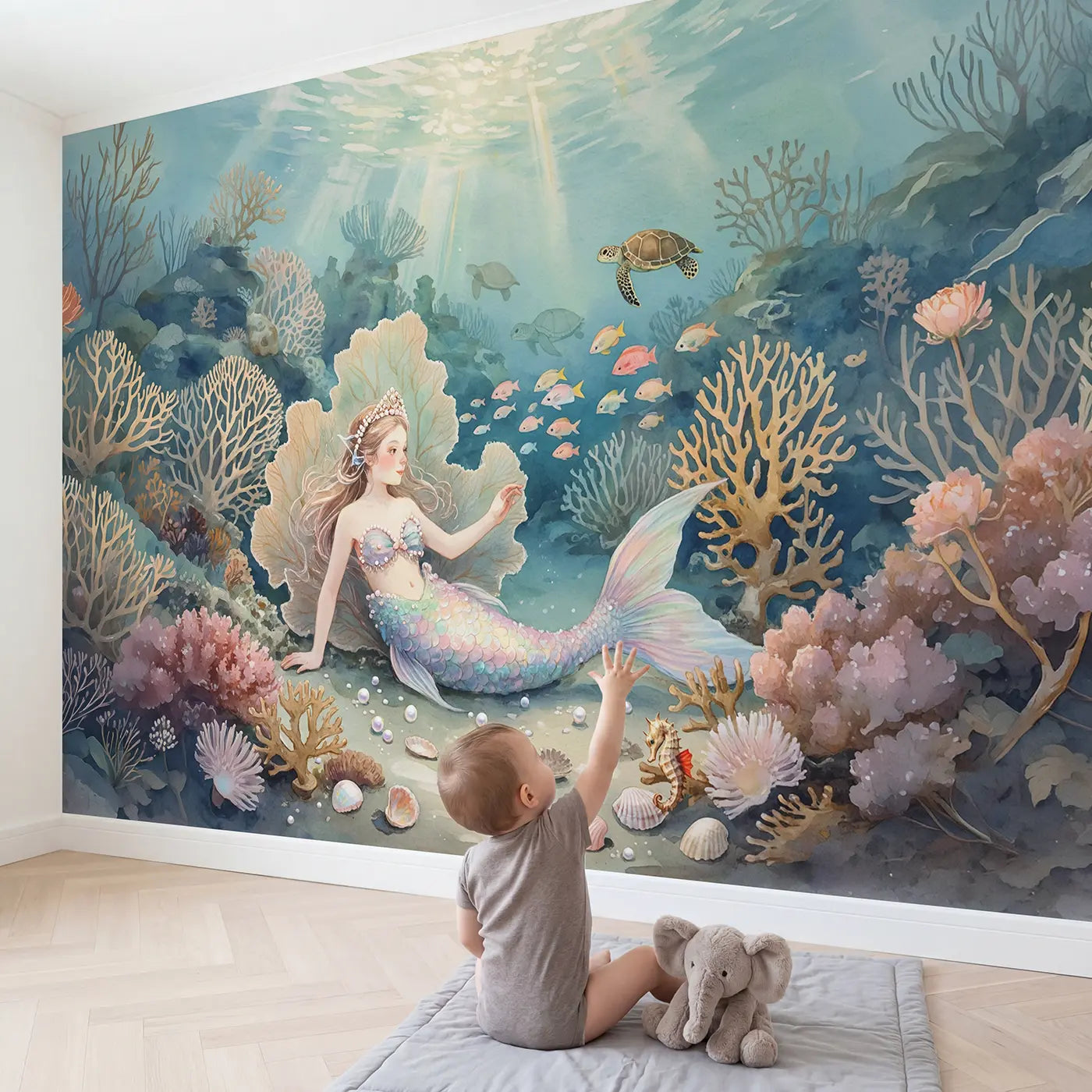 Child in nursery with Pearl Crown Mermaid Wallpaper Mural by Whimsy Tots