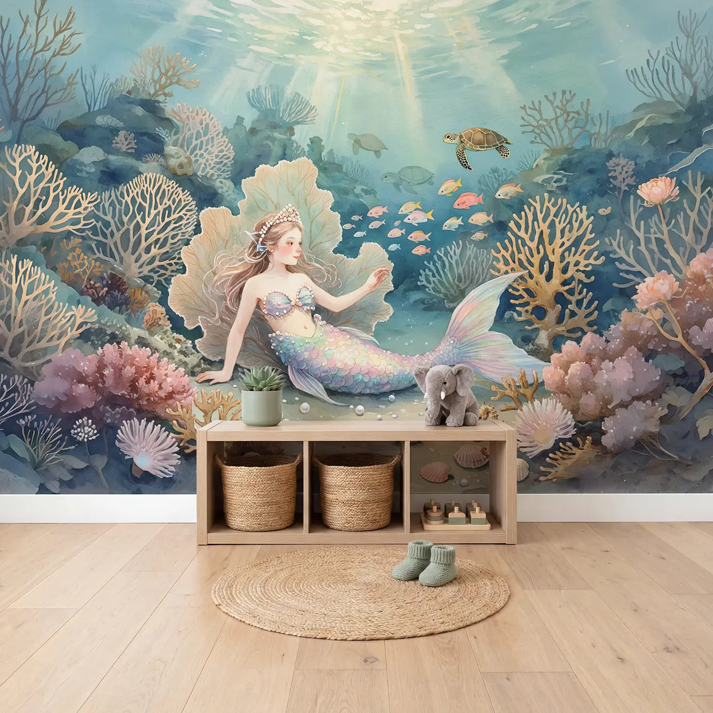 Pearl Crown Mermaid Wallpaper Mural in playroom setting by Whimsy Tots