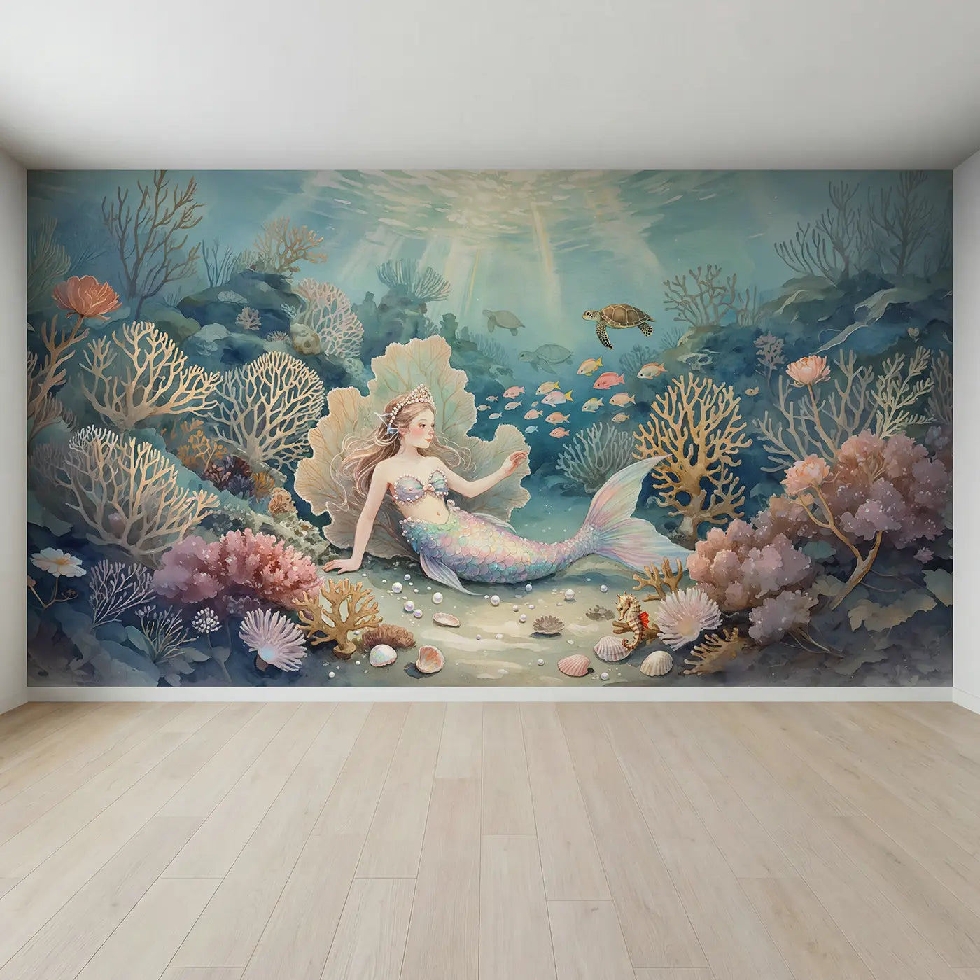 Full view of Pearl Crown Mermaid Wallpaper Mural by Whimsy Tots