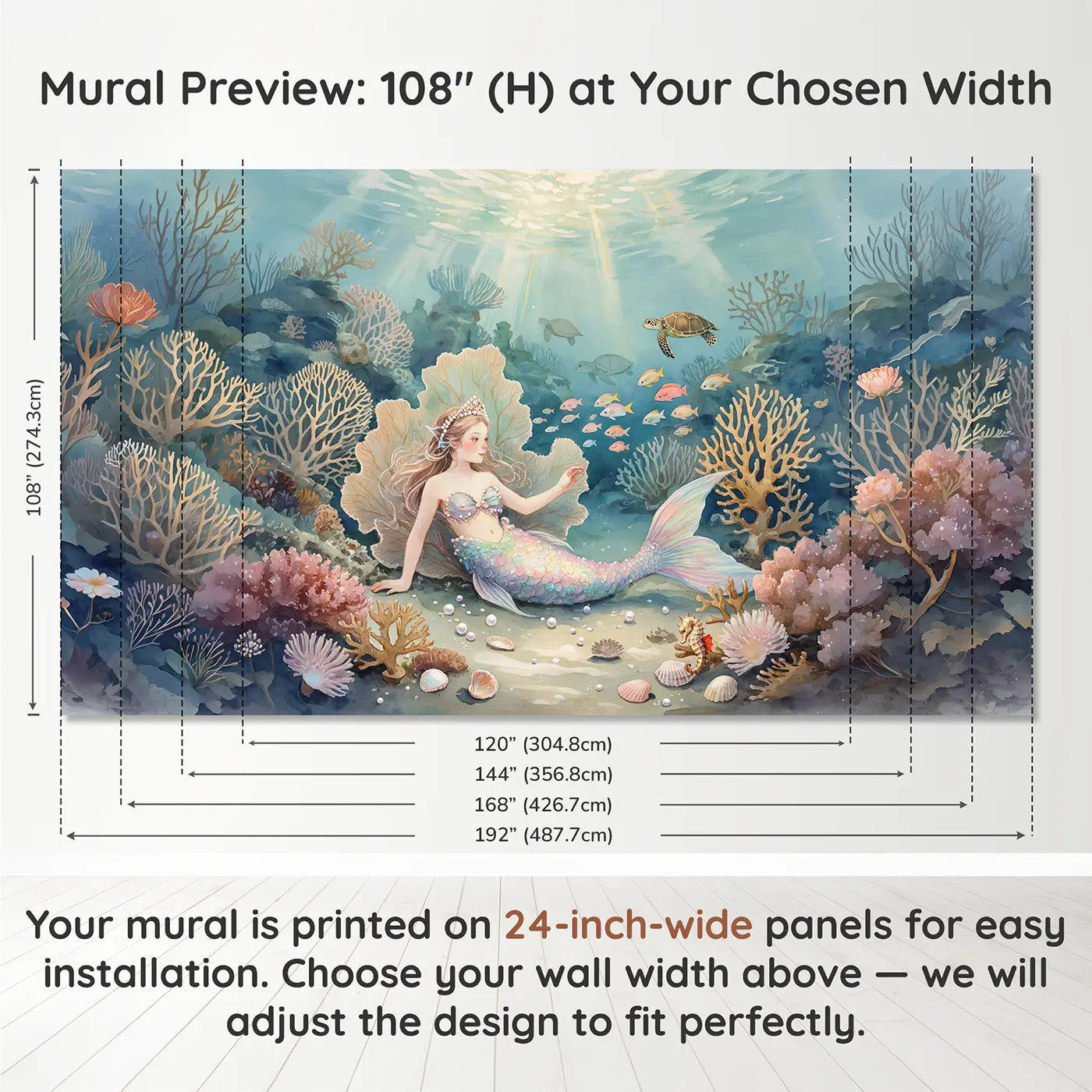 Panel layout and dimensions for Pearl Crown Mermaid Wallpaper Mural by Whimsy Tots