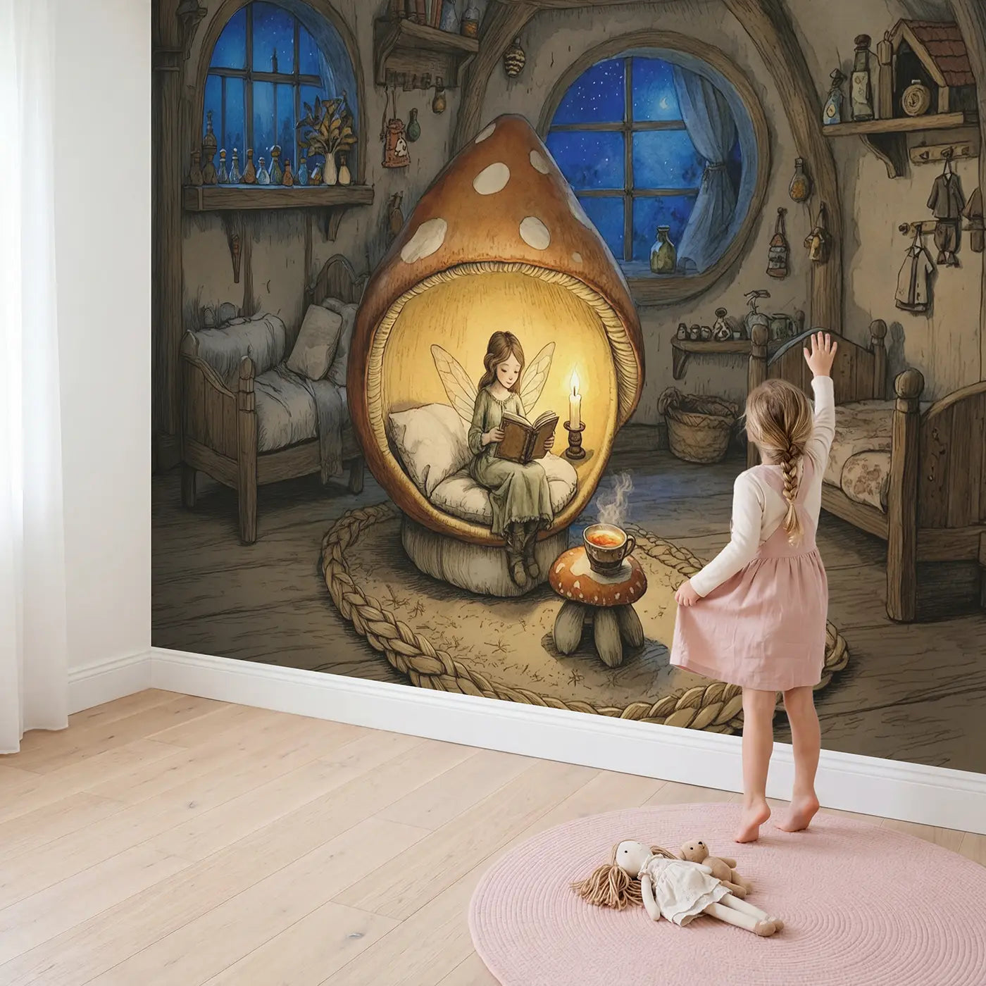 Child in nursery with Candlelit Fairy Reading Wallpaper Mural by Whimsy Tots
