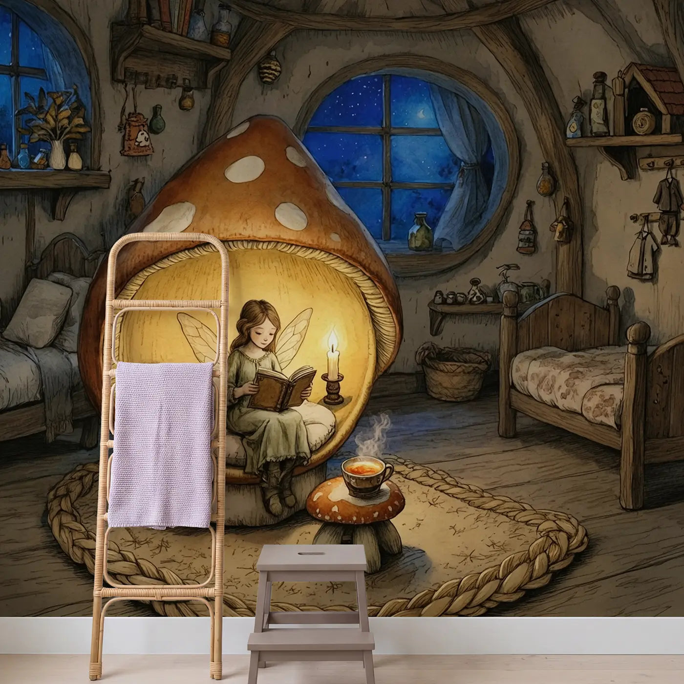 Candlelit Fairy Reading Wallpaper Mural in playroom setting by Whimsy Tots
