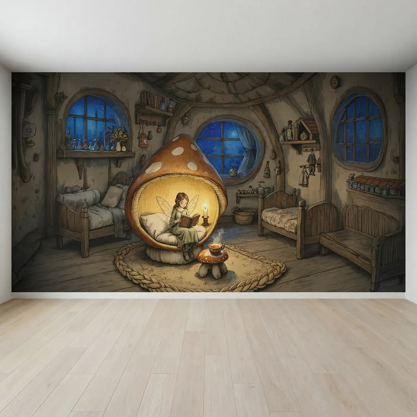 Full view of Candlelit Fairy Reading Wallpaper Mural by Whimsy Tots