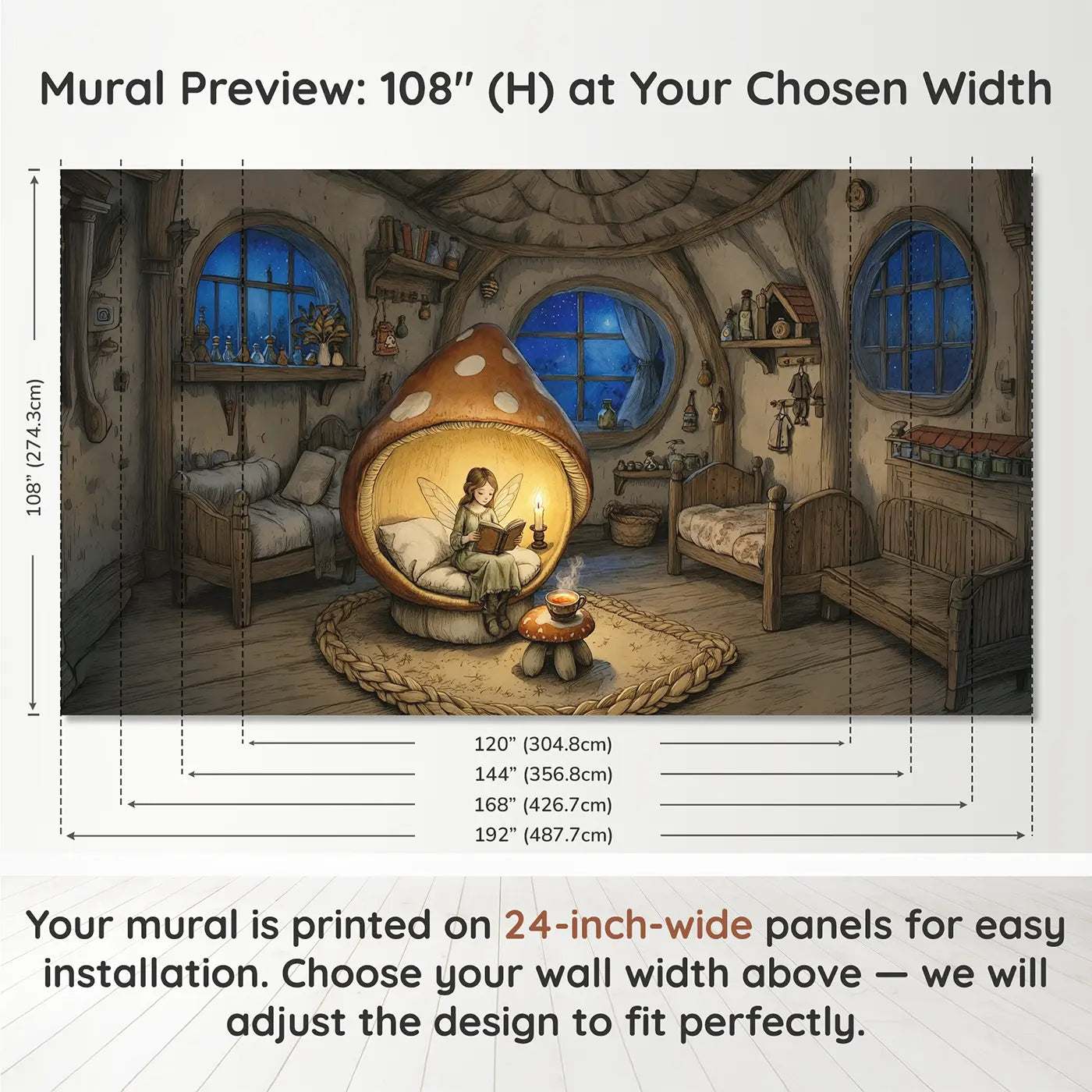 Panel layout and dimensions for Candlelit Fairy Reading Wallpaper Mural by Whimsy Tots