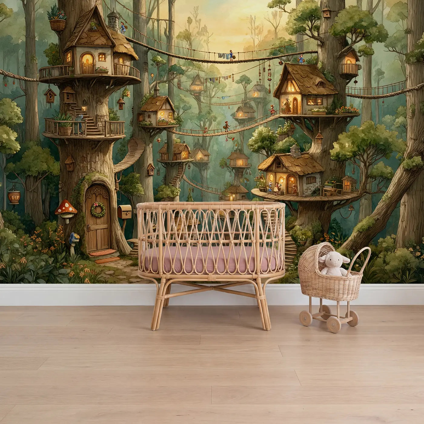 Storybook fairy treehouse village canopy wallpaper mural for girls room by Whimsy Tots