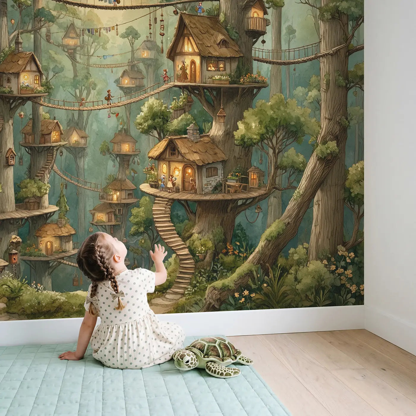 Child in nursery with Fairy Treehouse Village Canopy Wallpaper Mural by Whimsy Tots