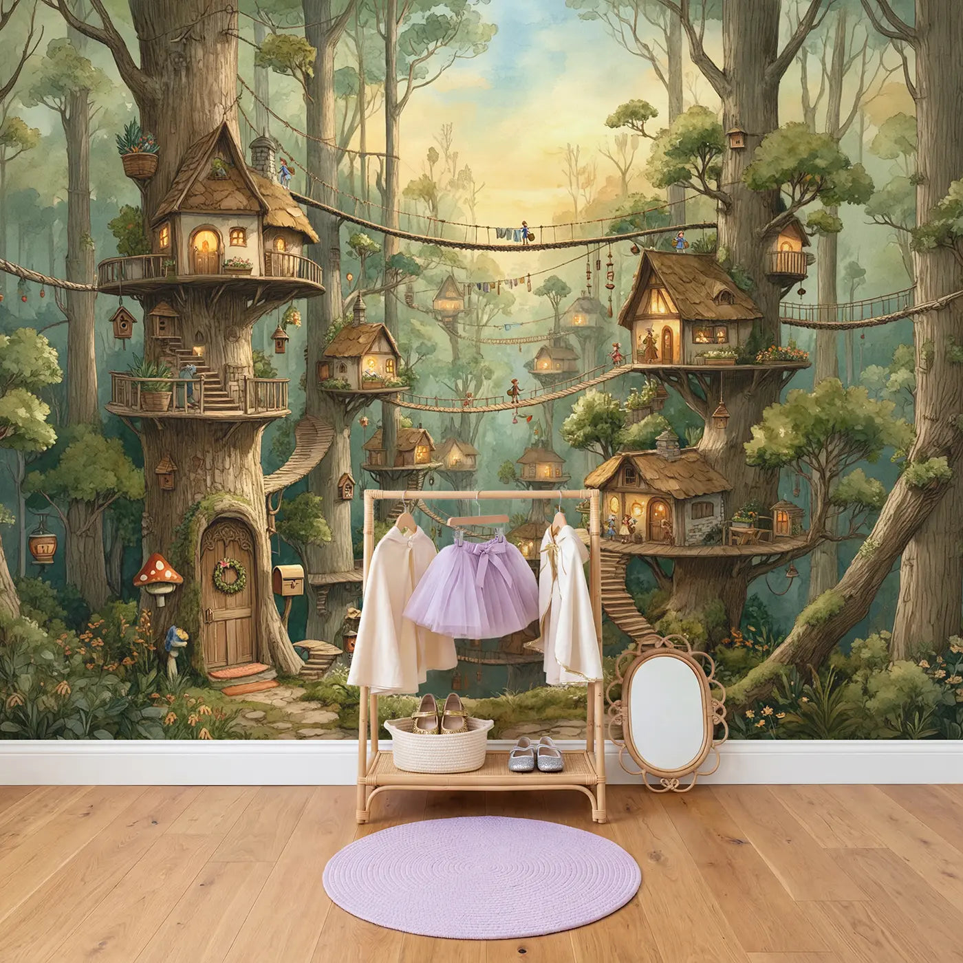 Fairy Treehouse Village Canopy Wallpaper Mural in playroom setting by Whimsy Tots