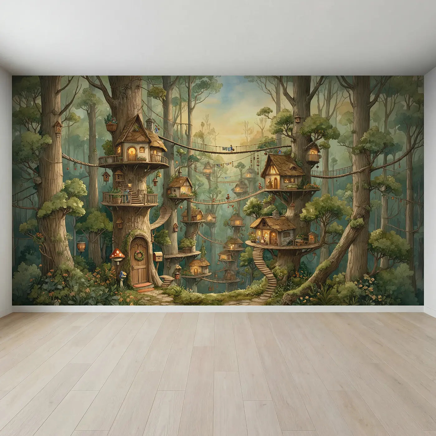 Full view of Fairy Treehouse Village Canopy Wallpaper Mural by Whimsy Tots
