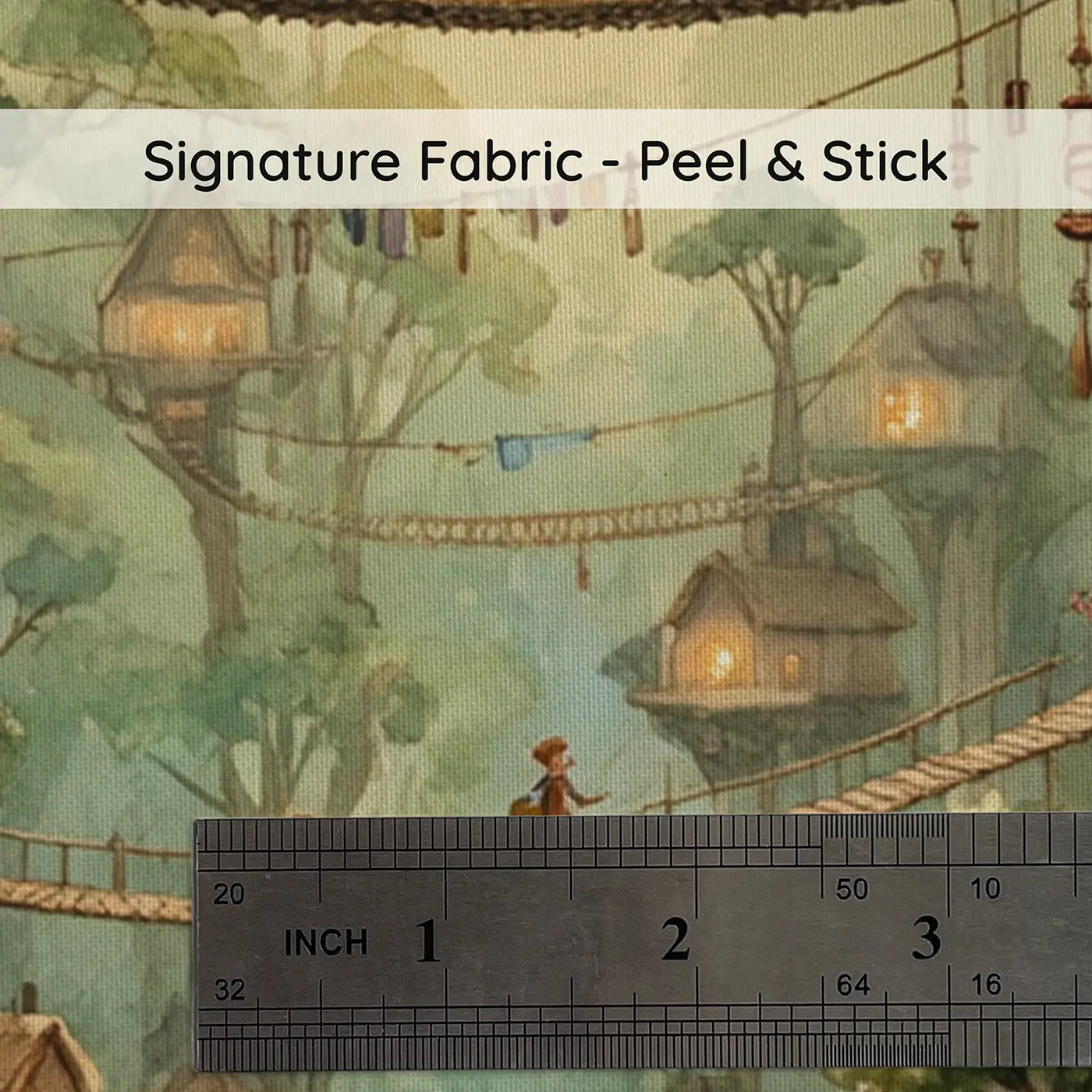 Fabric texture close-up of Fairy Treehouse Village Canopy Wallpaper Mural by Whimsy Tots