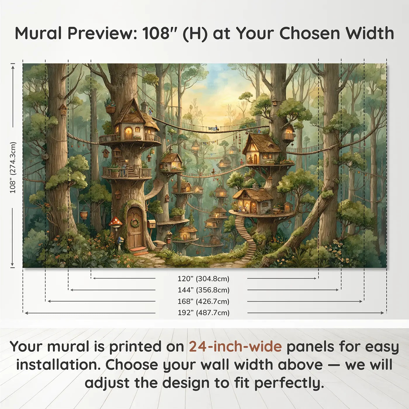 Panel layout and dimensions for Fairy Treehouse Village Canopy Wallpaper Mural by Whimsy Tots