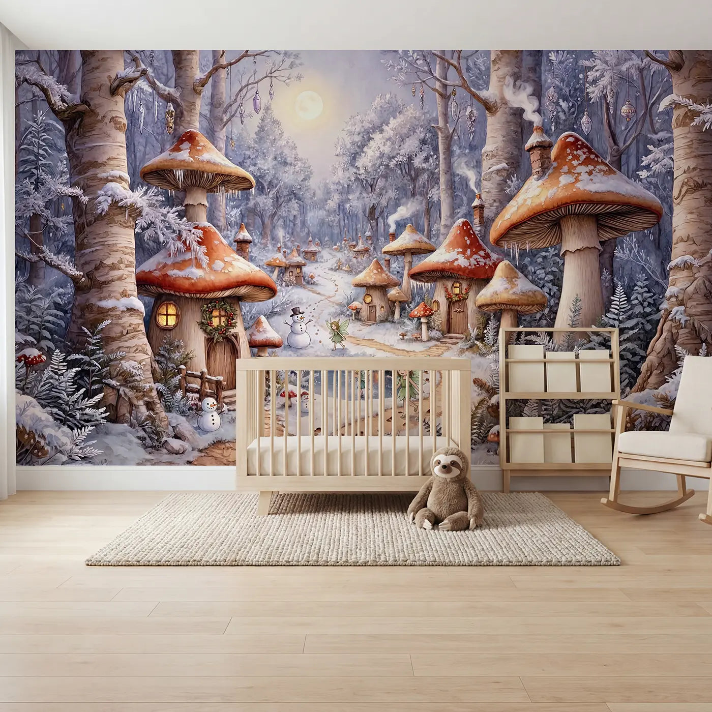 Storybook fairy mushroom village in snow wallpaper mural for nursery by Whimsy Tots
