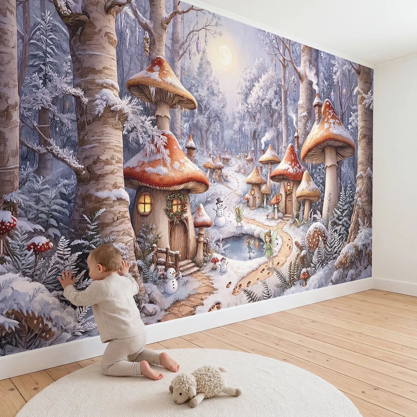 Child in nursery with Fairy Snow Mushroom Village Wallpaper Mural by Whimsy Tots