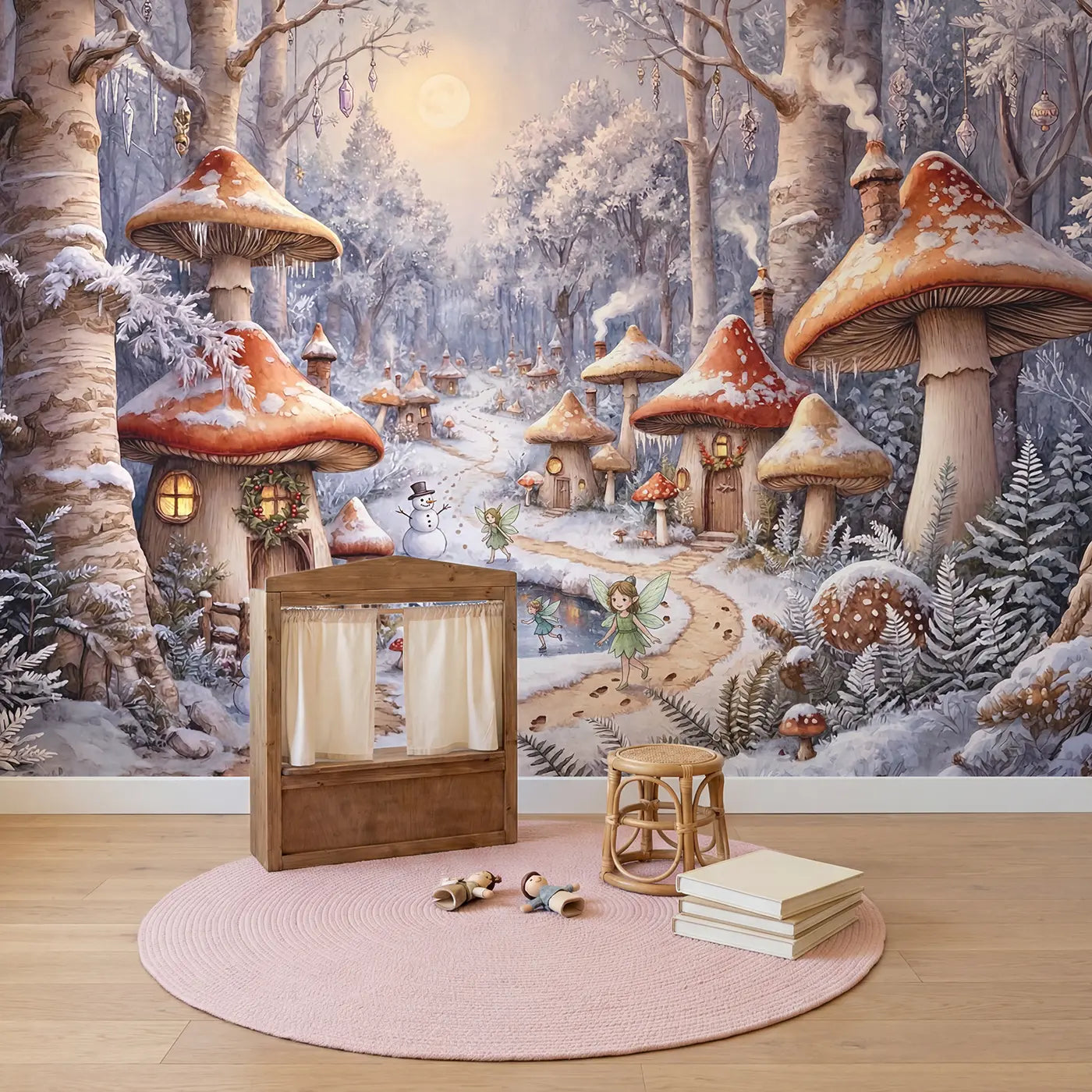 Fairy Snow Mushroom Village Wallpaper Mural in playroom setting by Whimsy Tots