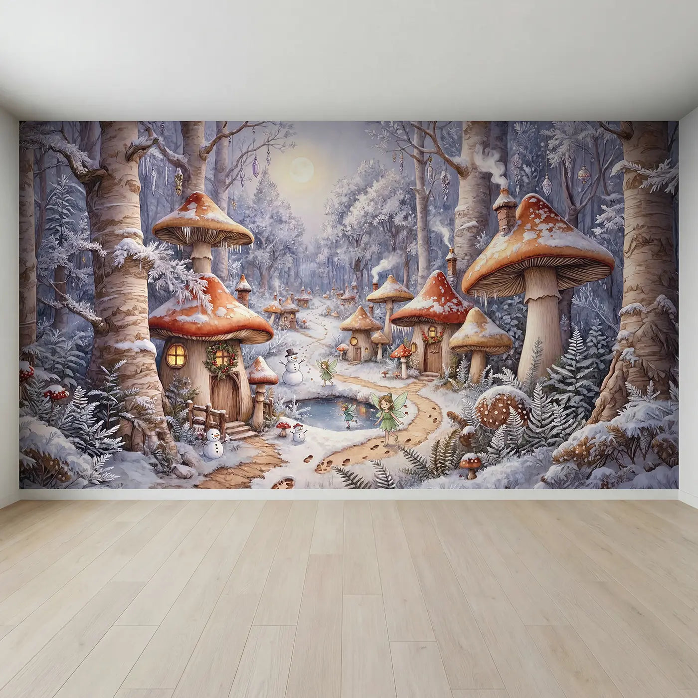 Full view of Fairy Snow Mushroom Village Wallpaper Mural by Whimsy Tots