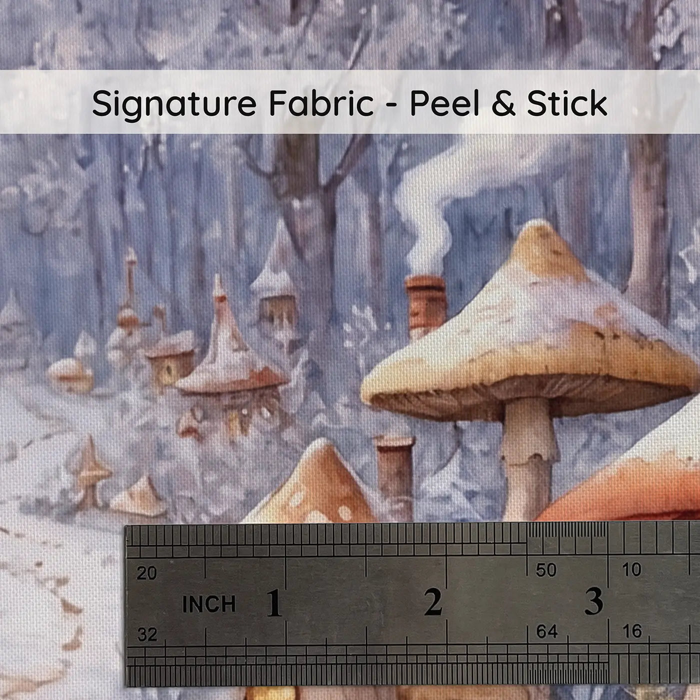 Fabric texture close-up of Fairy Snow Mushroom Village Wallpaper Mural by Whimsy Tots