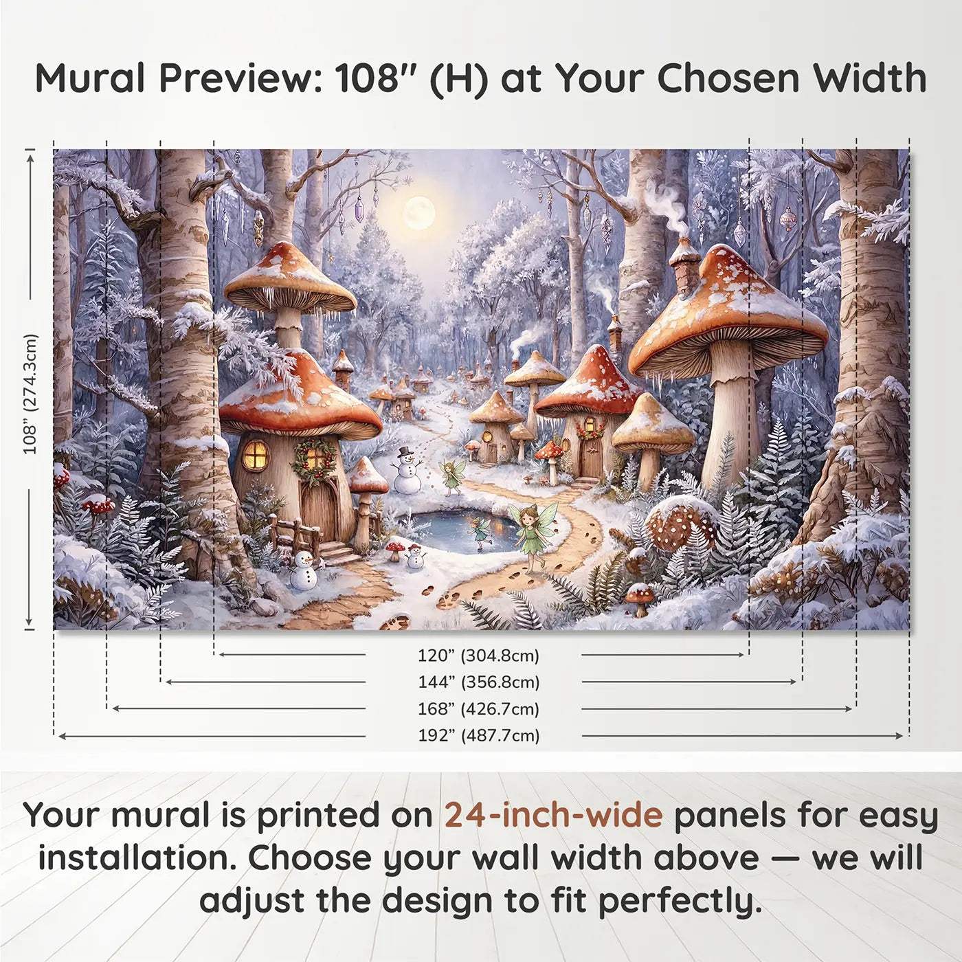 Panel layout and dimensions for Fairy Snow Mushroom Village Wallpaper Mural by Whimsy Tots