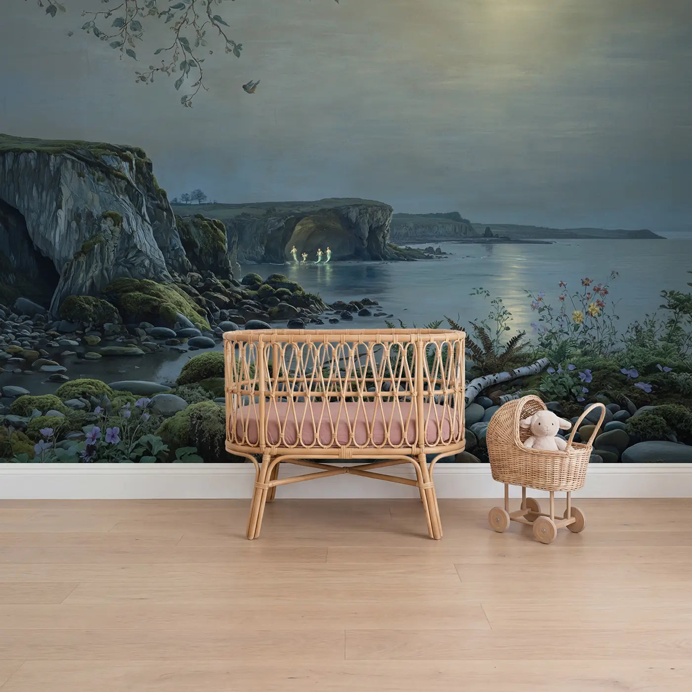 Botanical elegance mermaid tidal cave wallpaper mural for girls room by Whimsy Tots