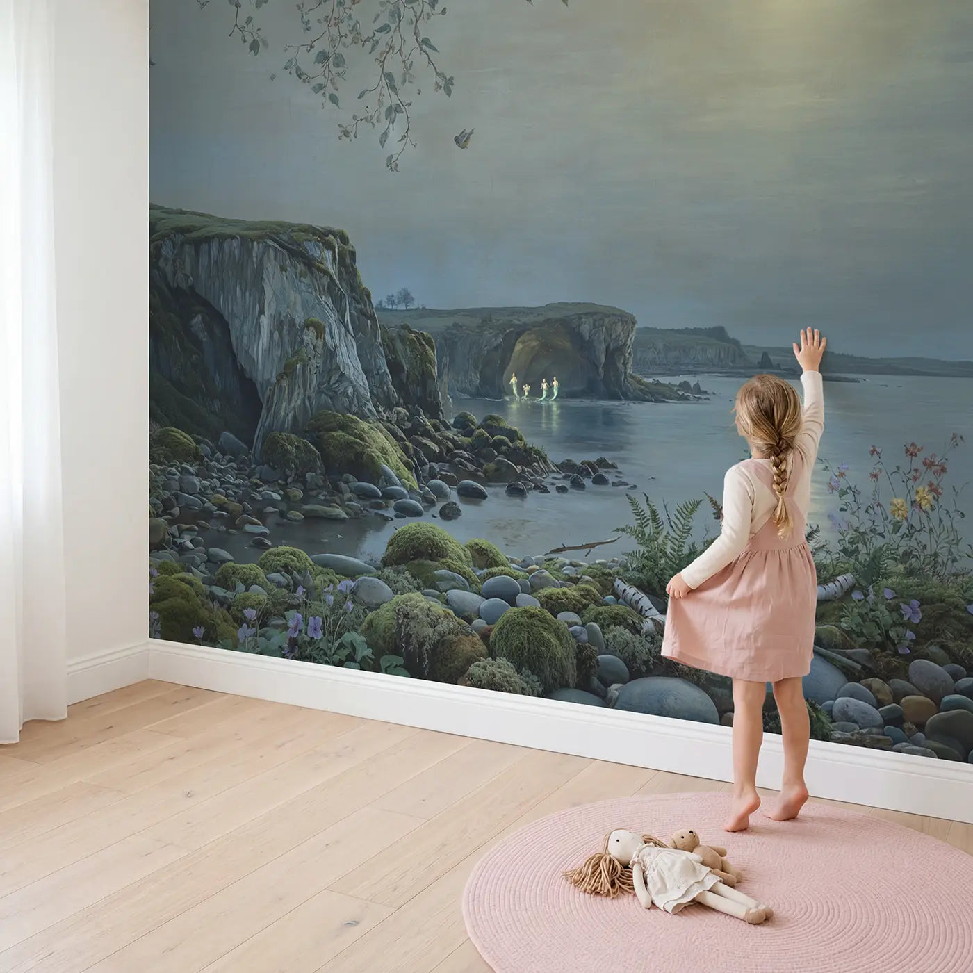 Child in nursery with Tidal Cave Bioluminescent Mermaid Wallpaper Mural by Whimsy Tots