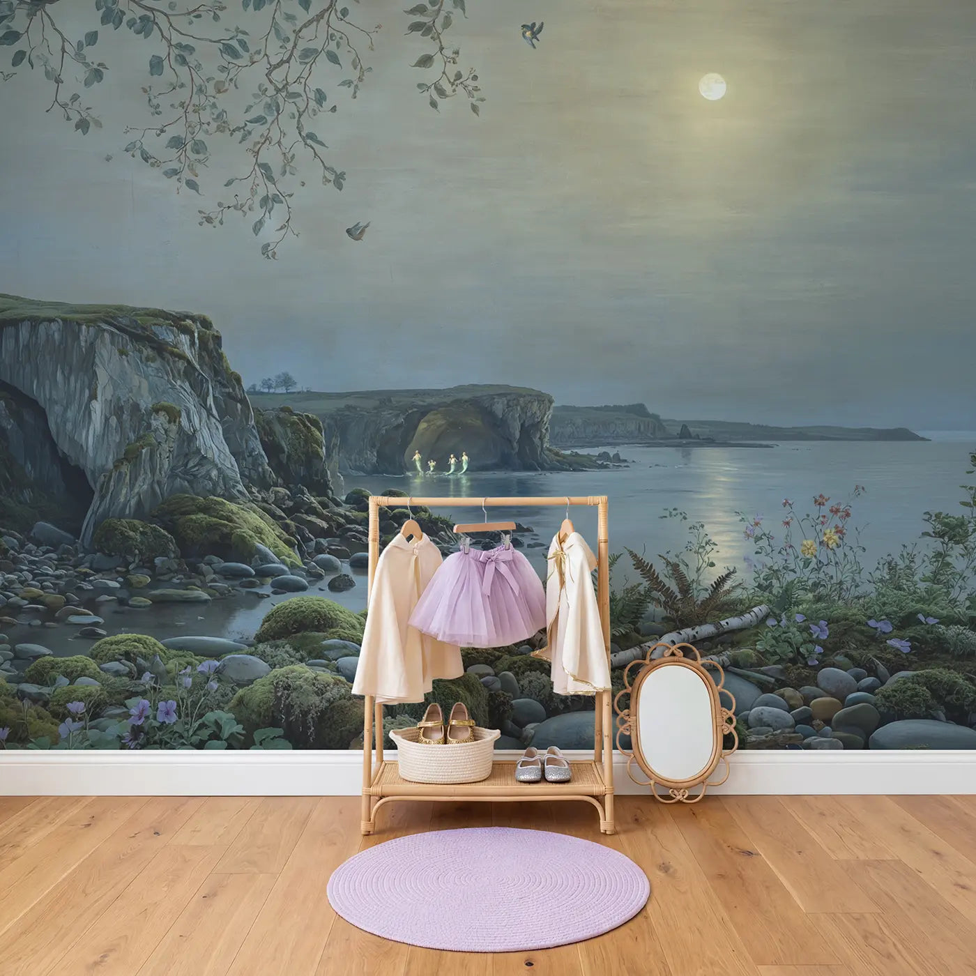 Tidal Cave Bioluminescent Mermaid Wallpaper Mural in playroom setting by Whimsy Tots