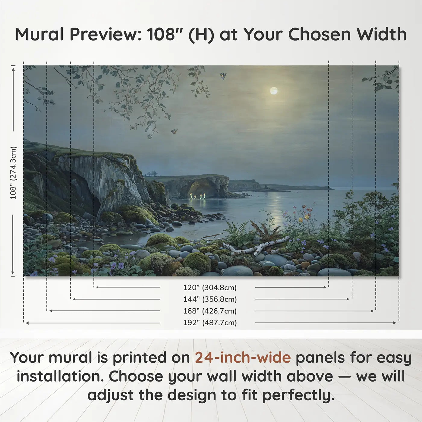Panel layout and dimensions for Tidal Cave Bioluminescent Mermaid Wallpaper Mural by Whimsy Tots