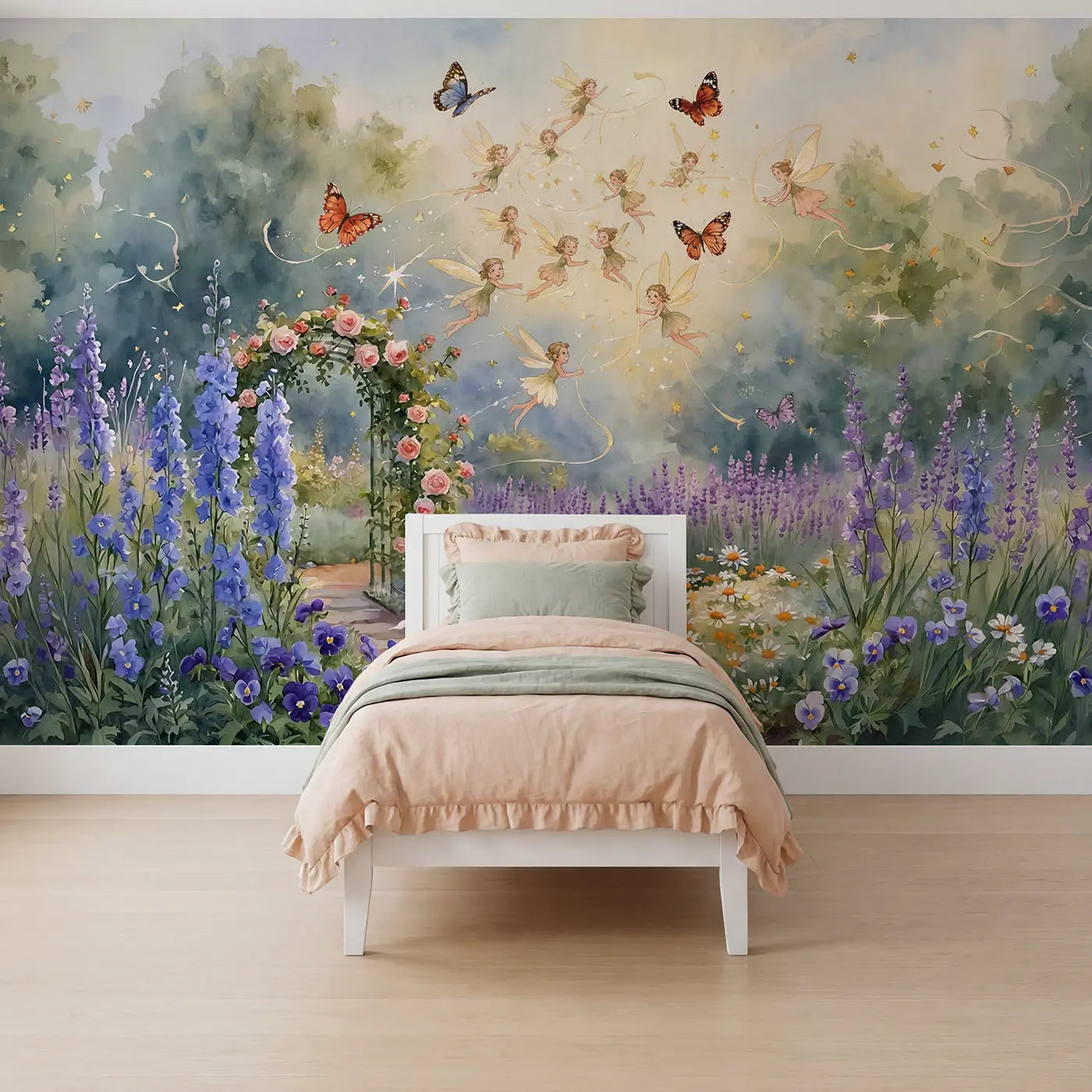 Watercolor fairy butterfly dance garden wallpaper mural for girls room by Whimsy Tots
