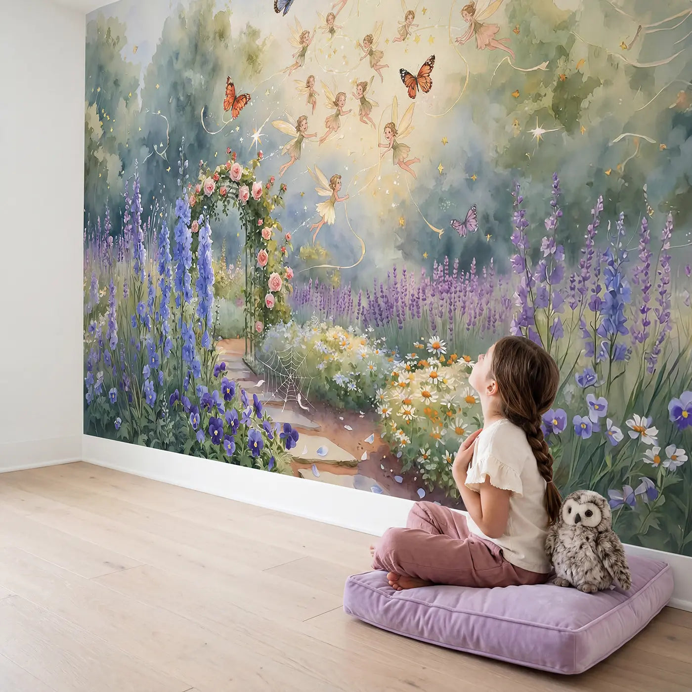 Child in nursery with Fairy Butterfly Dance Wallpaper Mural by Whimsy Tots