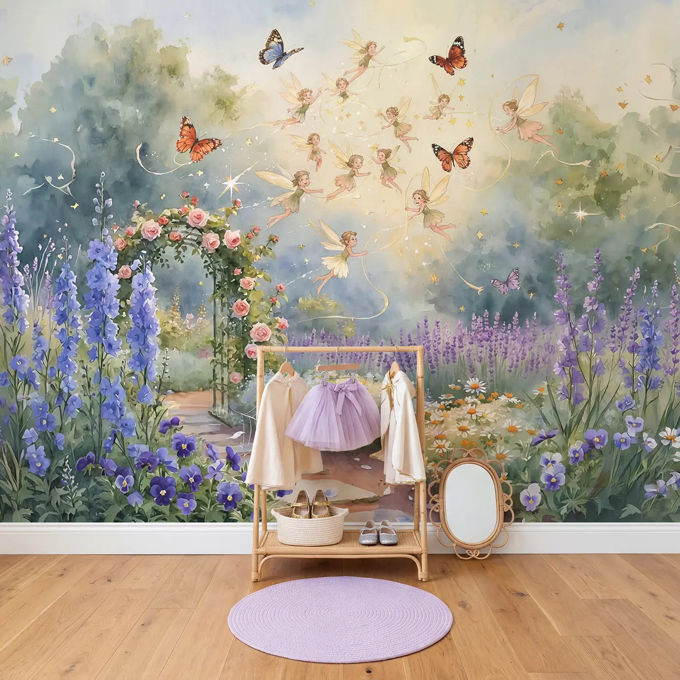 Fairy Butterfly Dance Wallpaper Mural in playroom setting by Whimsy Tots