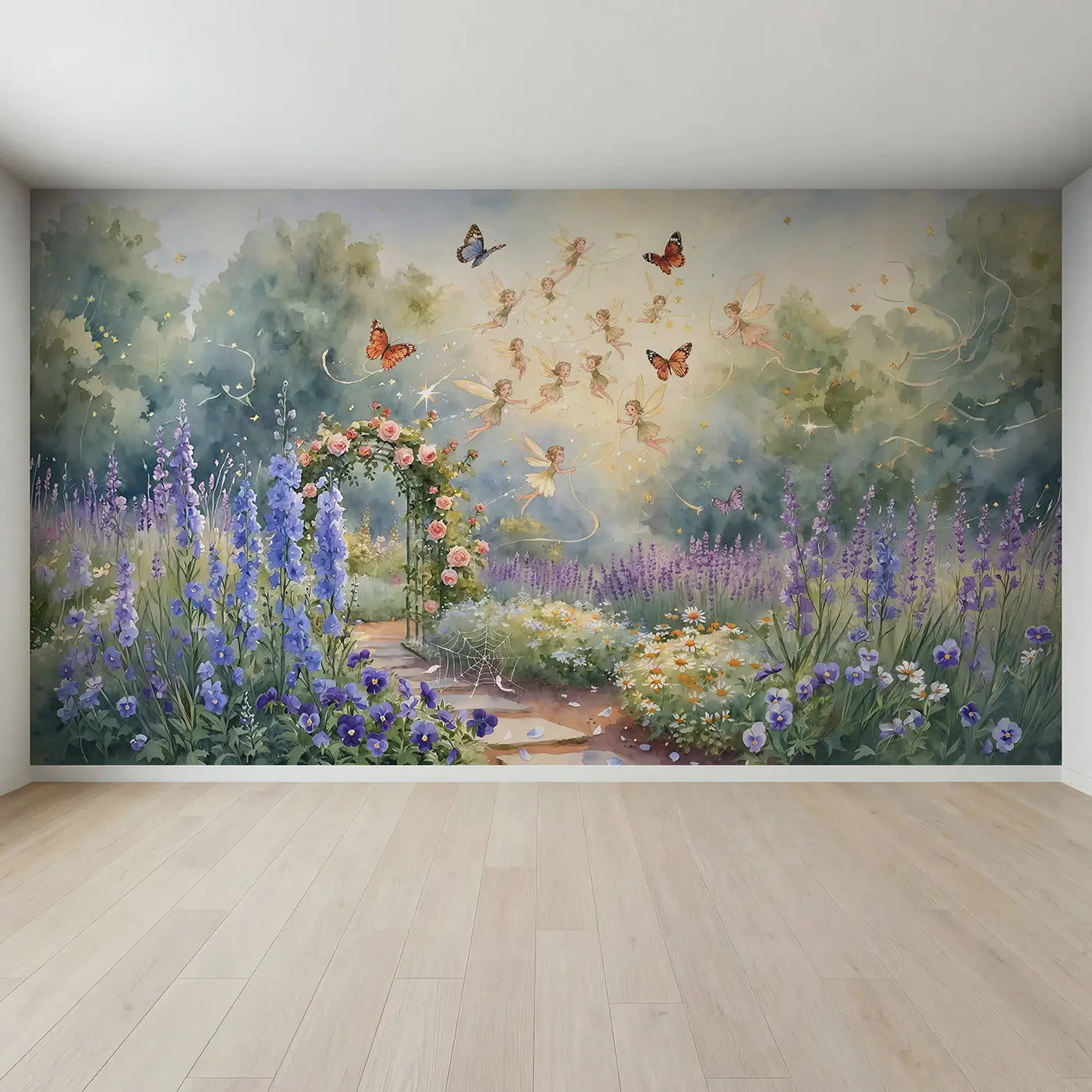 Full view of Fairy Butterfly Dance Wallpaper Mural by Whimsy Tots