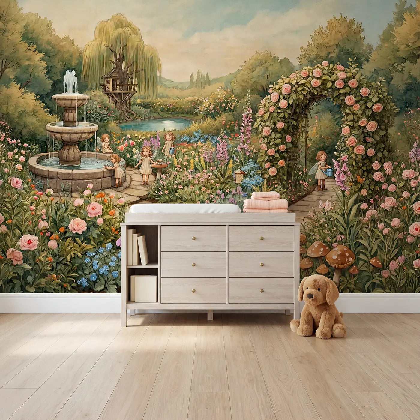 Storybook fairies in spring garden wallpaper mural for nursery by Whimsy Tots