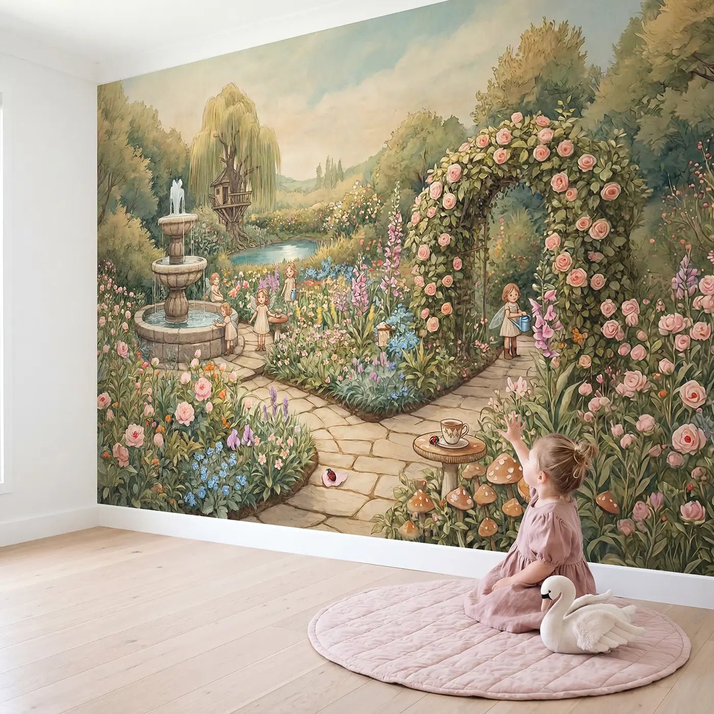 Child in nursery with Fairy Spring Garden Bloom Wallpaper Mural by Whimsy Tots