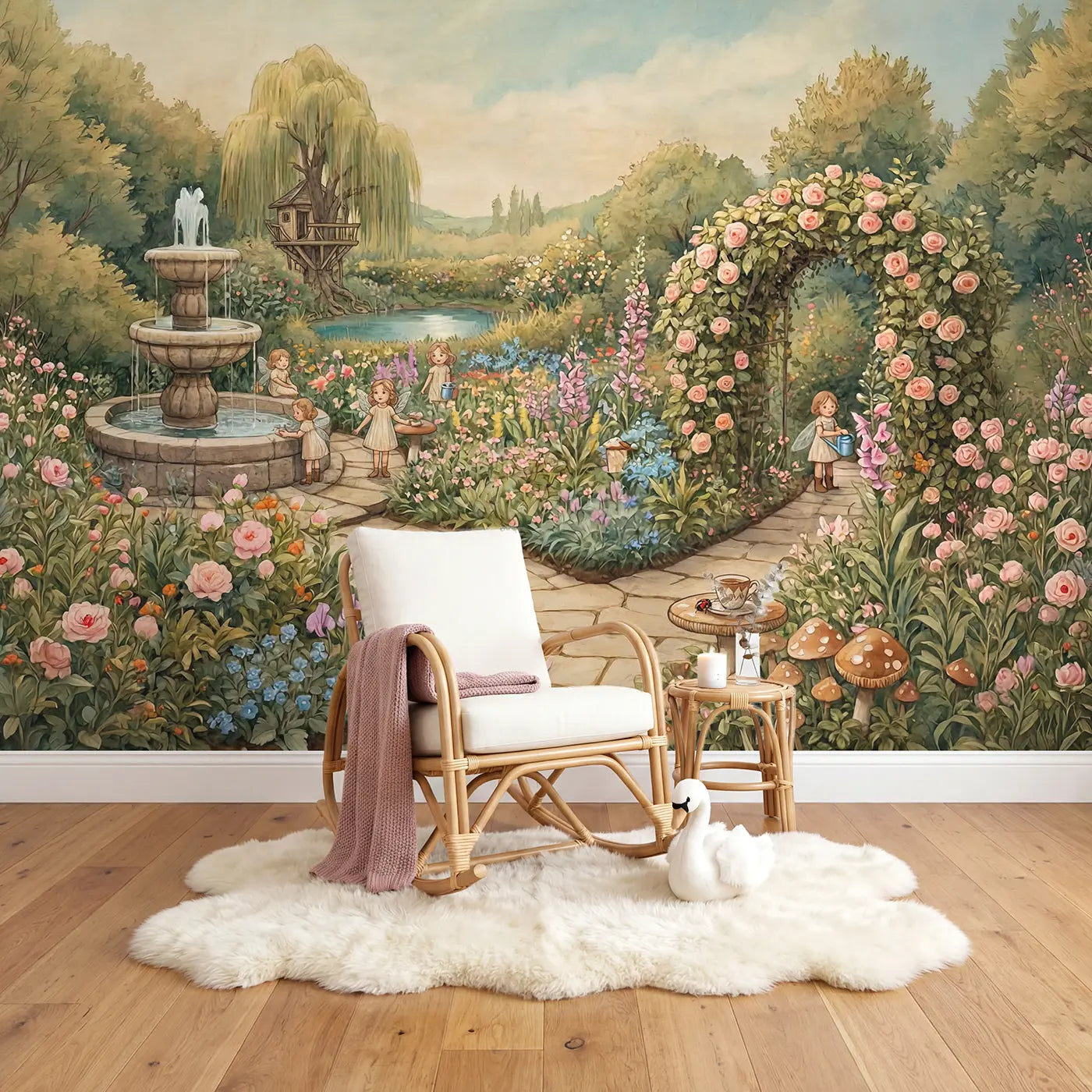 Fairy Spring Garden Bloom Wallpaper Mural in playroom setting by Whimsy Tots